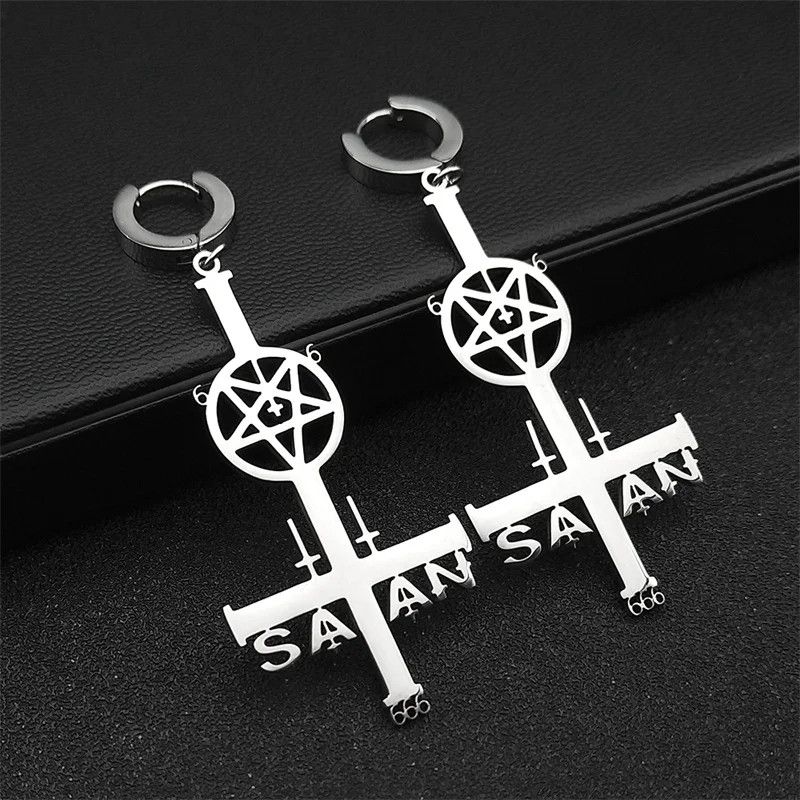 Jewelry Satan Inverted Pentagram Cross Hoop Earrings Jewelry Gift Size ONE SIZE - 3 Thumbnail