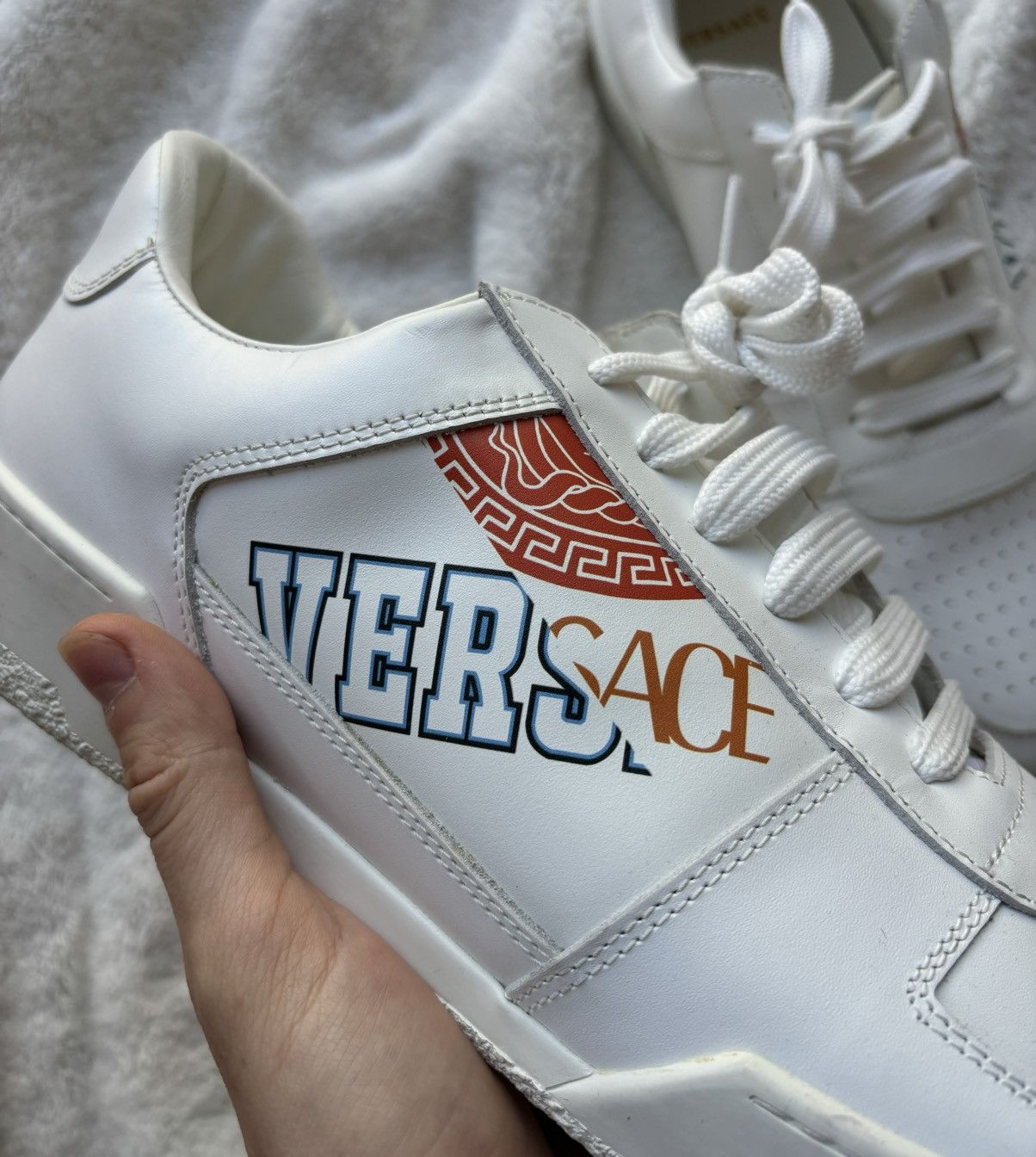 Versace Versace White Split Heritage Logo Sneakers Size US 12 / EU 45 - 2 Thumbnail