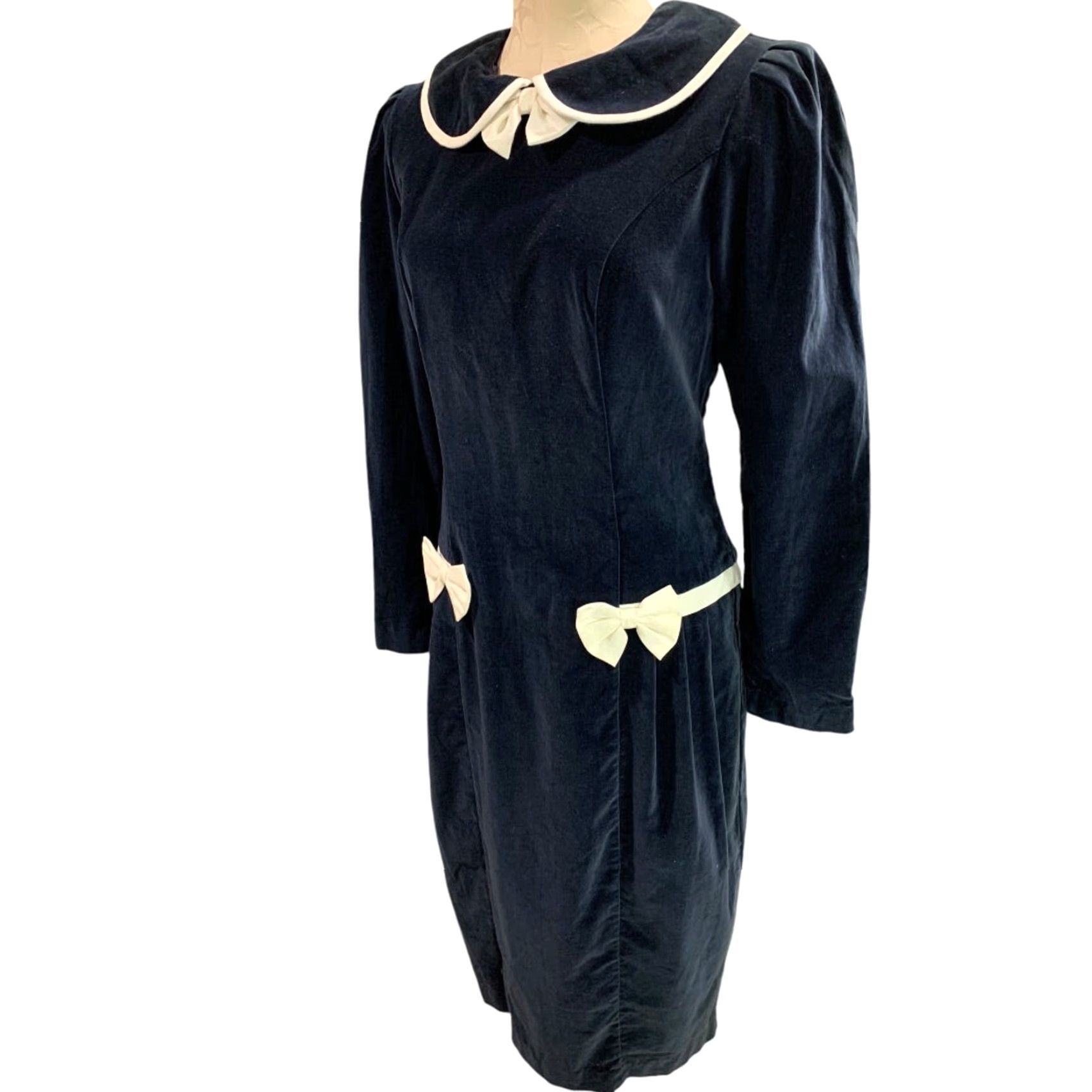 Velvet VINTAGE 1960s Velvet Dress Navy Blue Ivory Box Trim Midi Women M Navy Box Velvet Dress 1960s Womens M Size M / US 6-8 / IT 42-44 - 4 Thumbnail