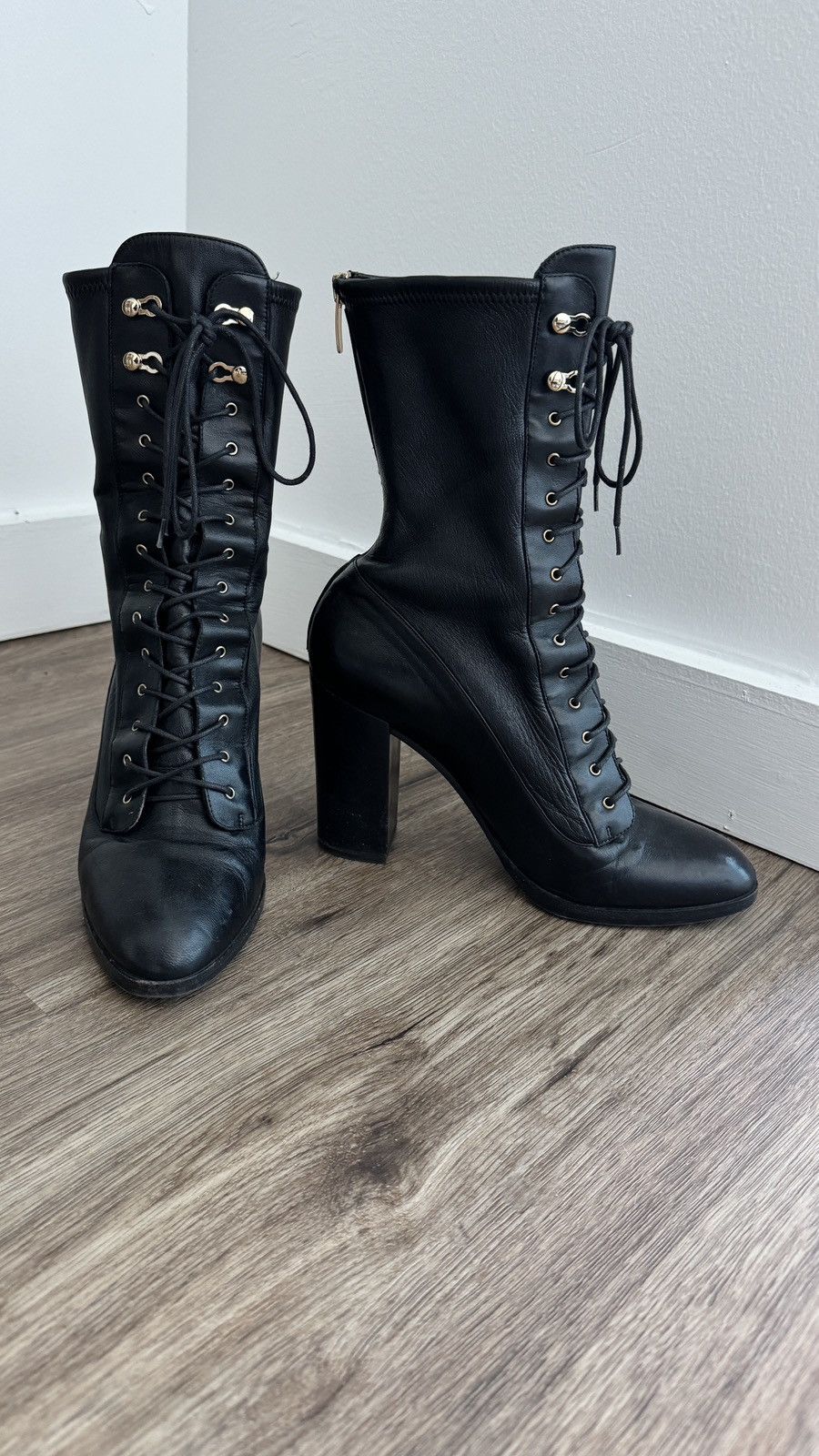 image of Sergio Rossi Leather Lace-Up Boots, Size 39 / 9 in Black, Women's