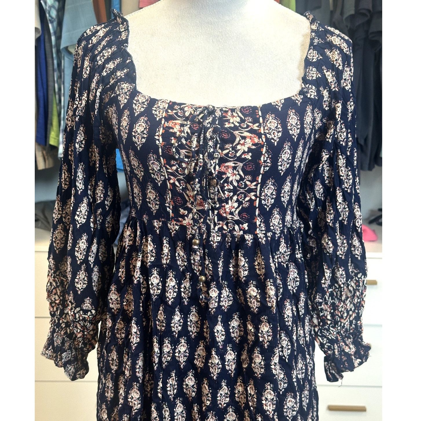 Other Angie Women's Boho Mini Paisley Blue 3/4 Sleeve Neck Dress S Size S / US 4 / IT 40 - 3 Thumbnail