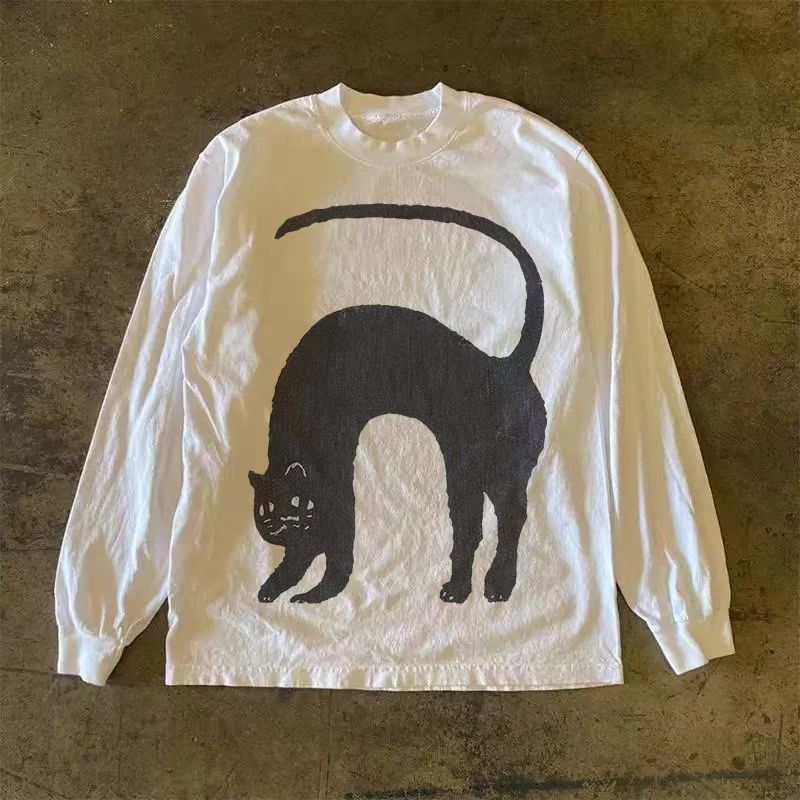 Japanese Brand White washed retro fun cat print long-sleeved t-shirt Size US M / EU 48-50 / 2 - 1 Thumbnail