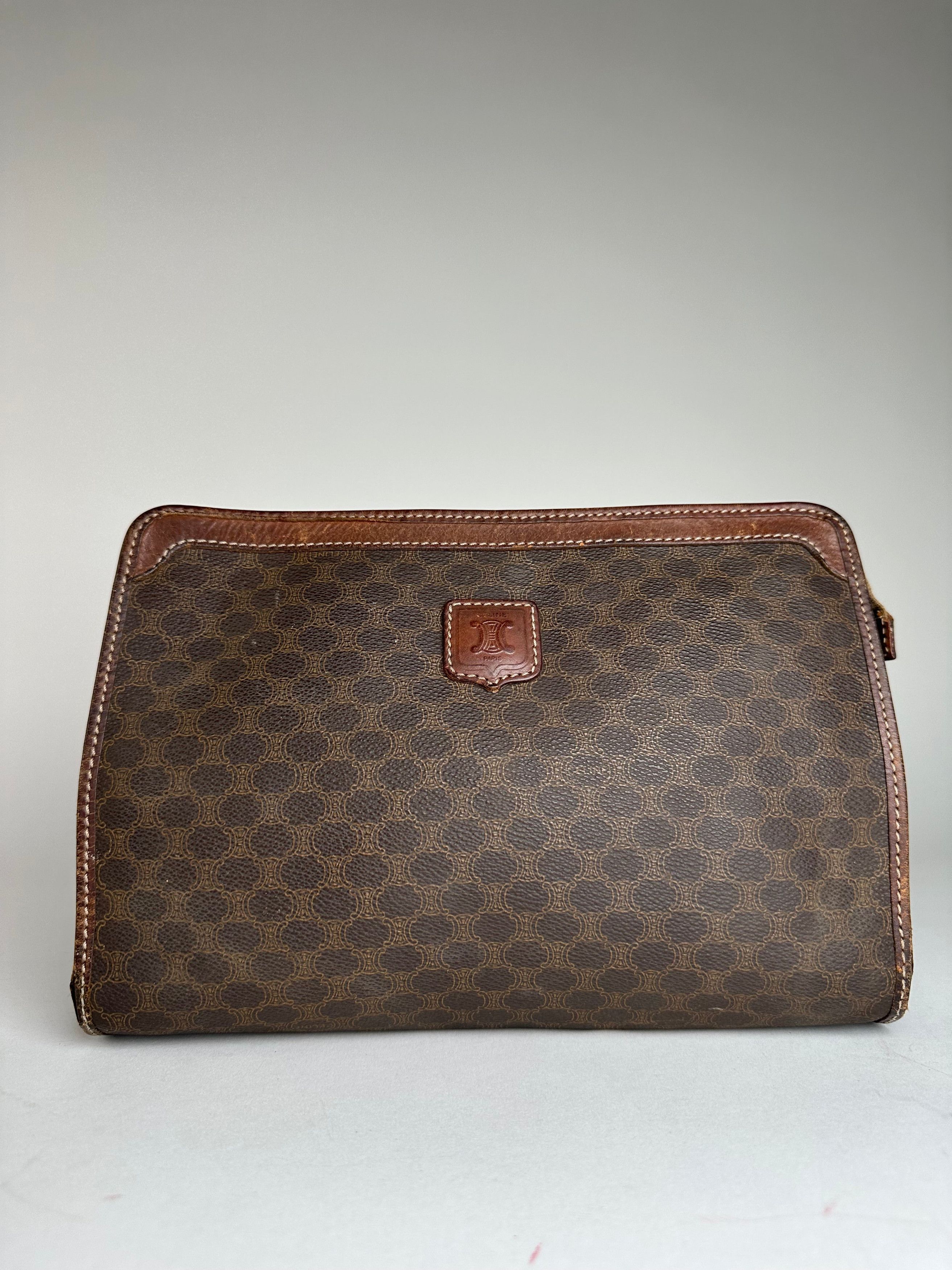 Celine Vintage Paris Triomphe Monogram Leather Clutch Brown Size ONE SIZE - 1 Thumbnail