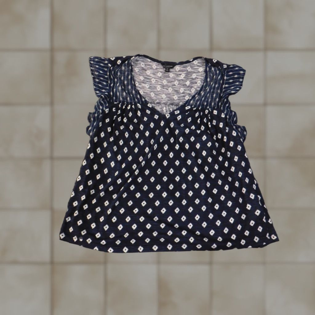 Lucky Brand Lucky Brand Blouse Womens Large Blue White Short Sleeve Boho Geometric Pattern Size L / US 10 / IT 46 - 1 Thumbnail