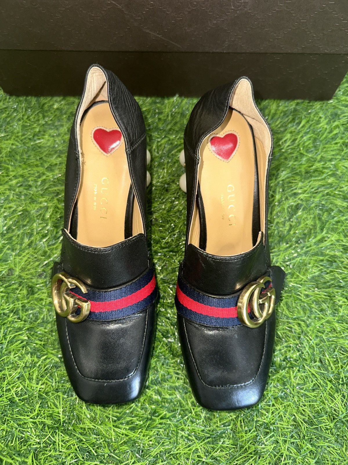 Gucci Gucci Black Leather Web Pearl Peyton Loafer Pumps Size 34 Size US 4 / IT 34 - 3 Thumbnail