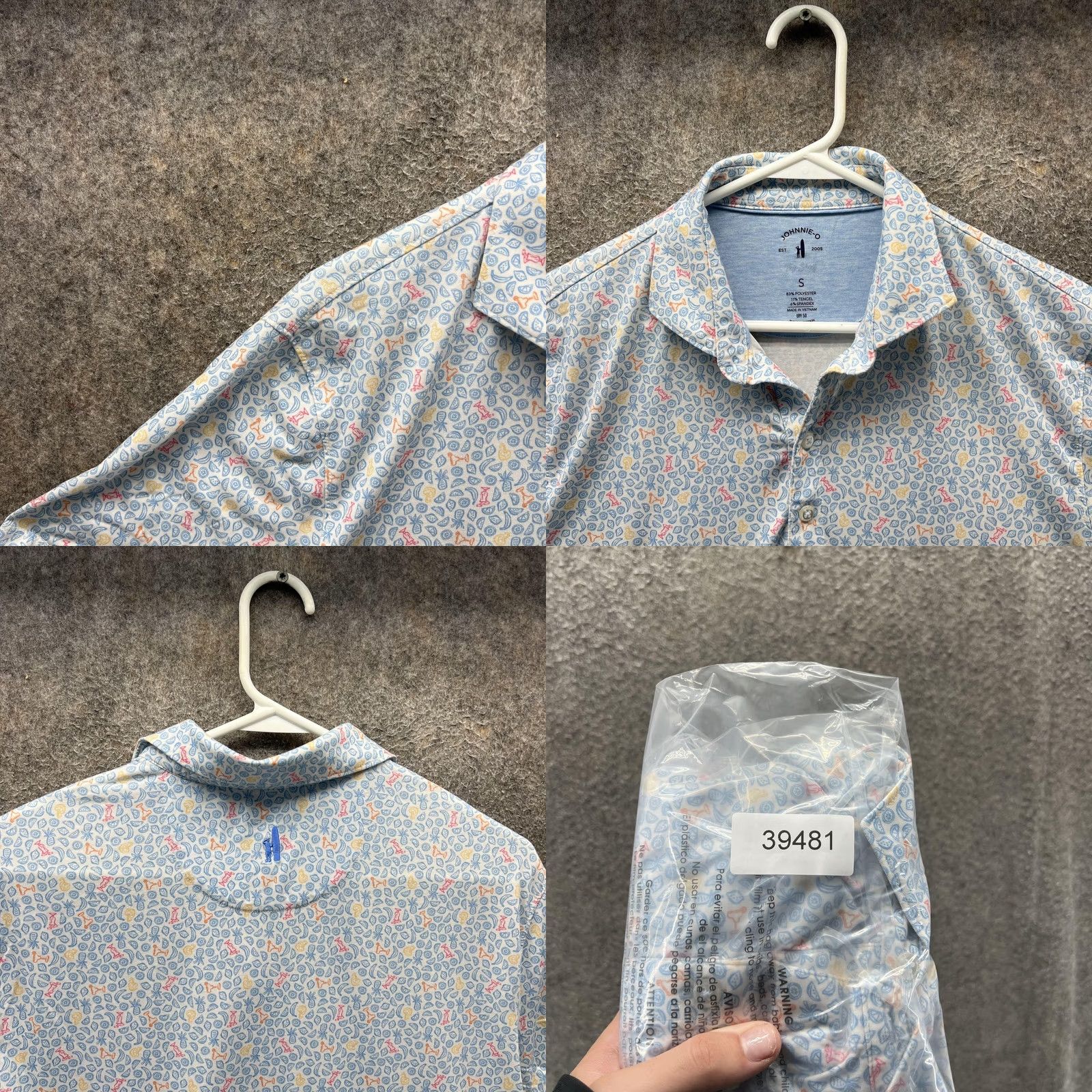 johnnie-O johnnie-O Polo Shirt Mens Small Blue Top Shelf Tropical Print Golf UPF 50 UV 83% polyester 11% Tencel lyocell 6% spandex Size US S / EU 44-46 / 1 - 8 Thumbnail