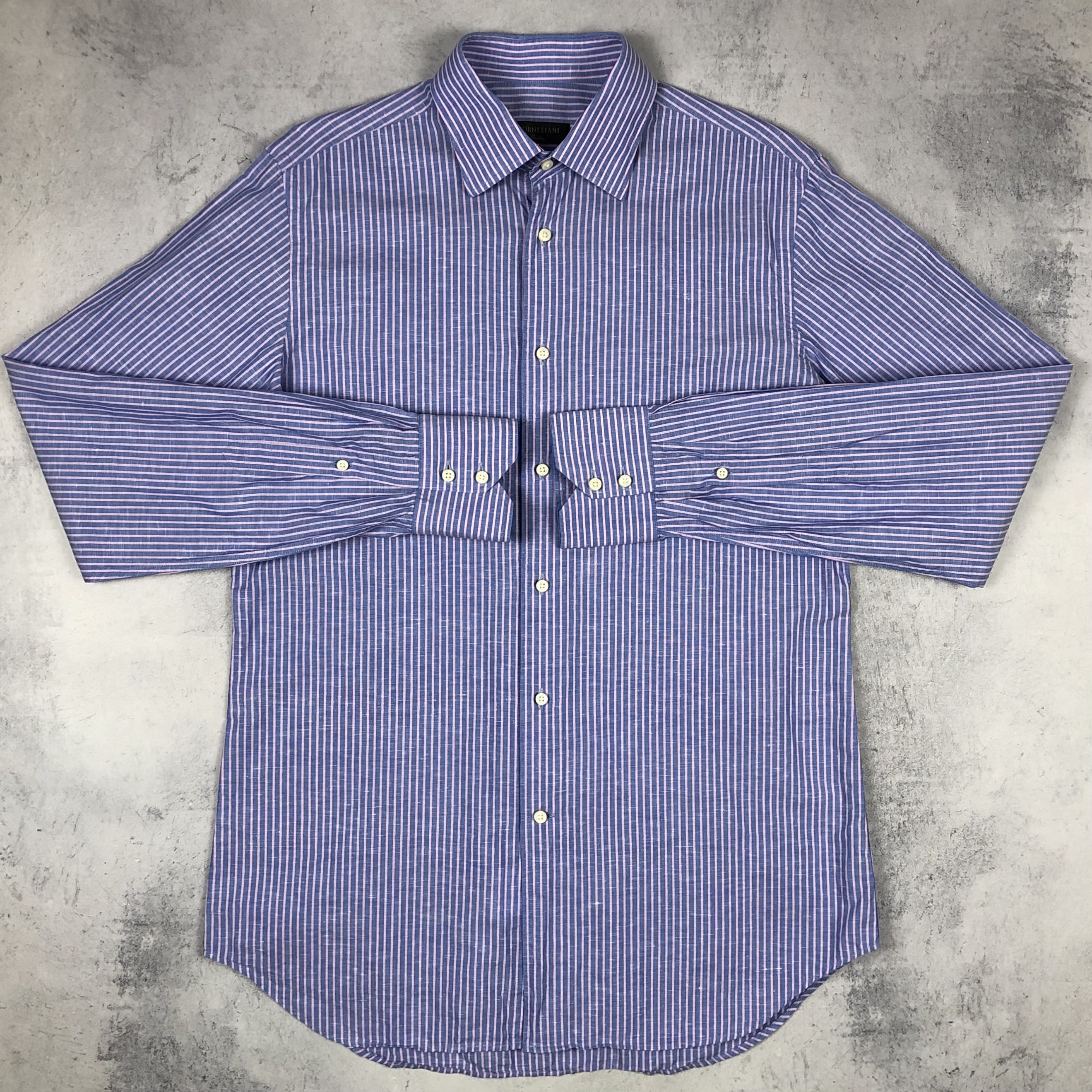 Corneliani Corneliani Striped Cotton Flax Button-up Shirt Size US L / EU 52-54 / 3 - 7 Thumbnail