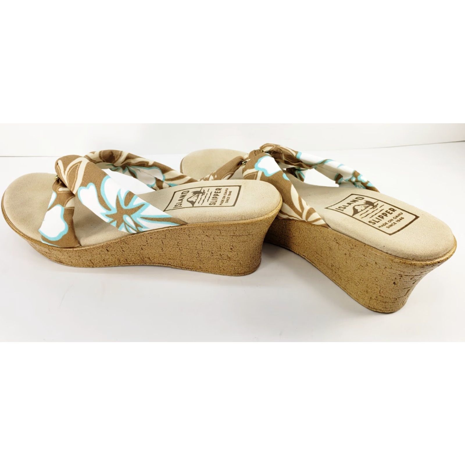 Vintage Island Slipper Sandal Women's 10M Brown Blue White Tropical Floral Patterned Fabric Straps Slide Wedge Sandal Size US 10 / IT 40 - 5 Thumbnail