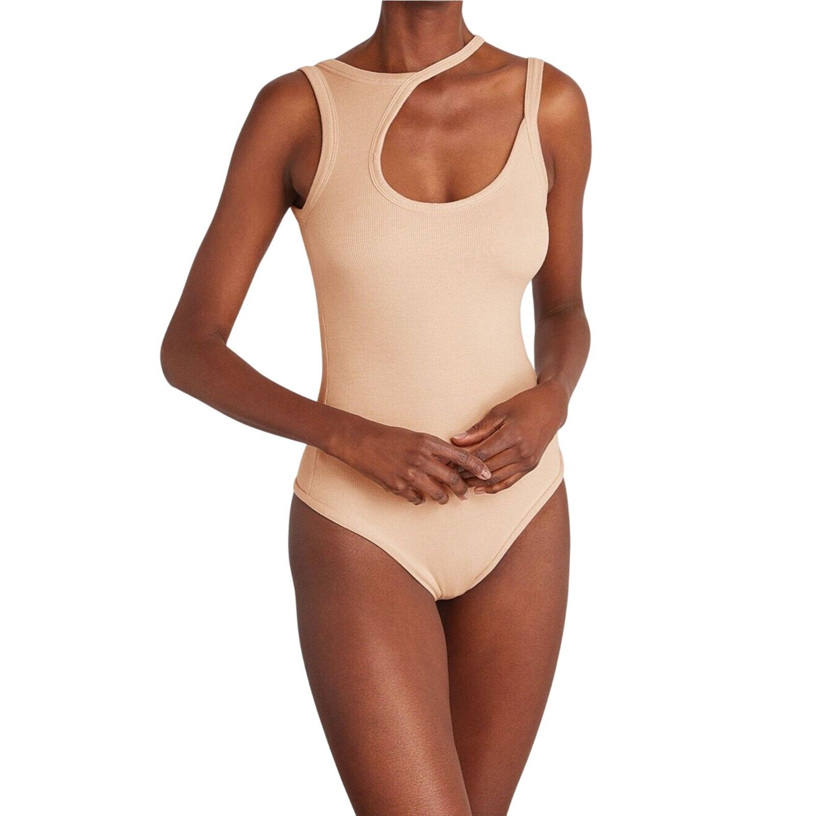 ALIX NYC Alix NYC Tan Asymmetrical Neckline Sleeveless Rib Bodysuit S Size S / US 4 / IT 40 - 3 Thumbnail