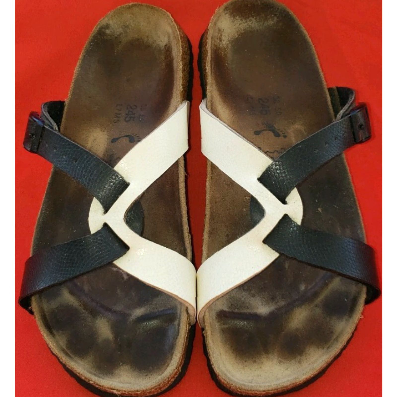 Vintage Berki's Slide Footbed Strappy Sandals Women's 7M Black White Crossover Straps Buckle Corkbed Insole Adjustable Footbed Casual Size US 8 / IT 38 - 3 Thumbnail