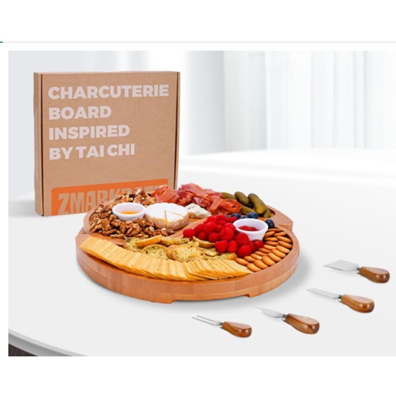 The Unbranded Brand Large Double-Layer Charcuterie Board Set w 4 Knives Bamboo Size ONE SIZE - 8 Thumbnail