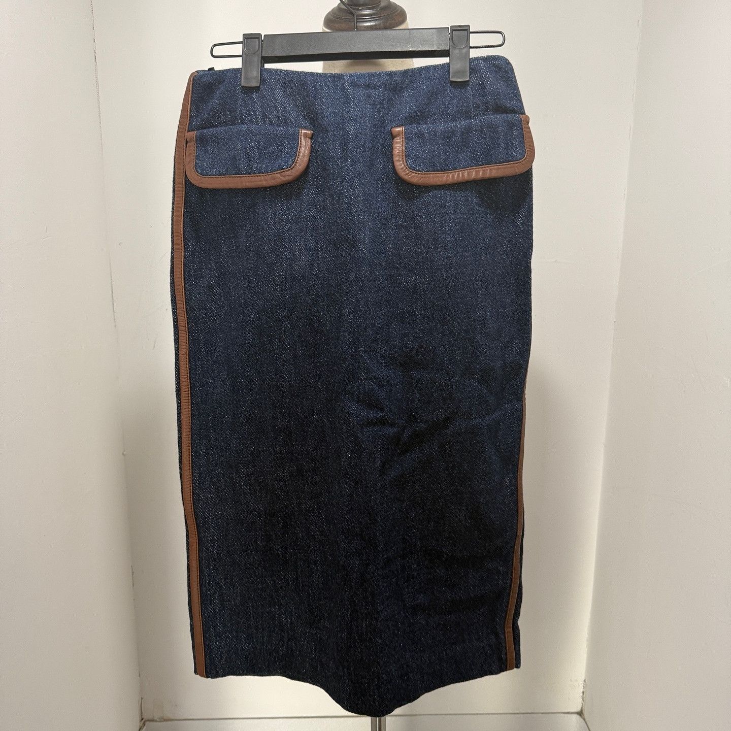 Prada Prada Leather Trim Denim Midi Skirt Size 38 Size 26" / US 2 / IT 38 - 1 Thumbnail