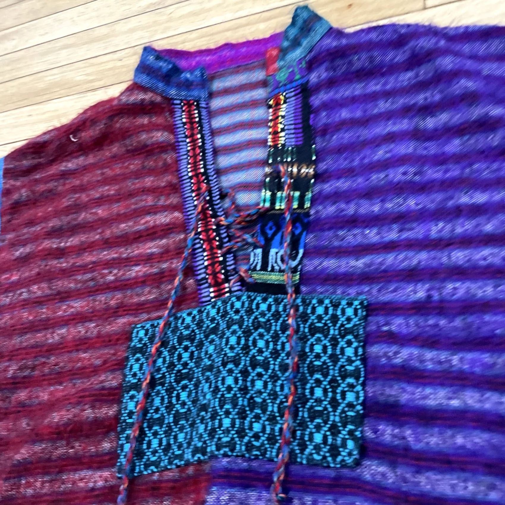 AQUA Hippie Surfer Beach Sweater Adult L Tribal Knit Aqua Purple Red ColorBlock 44" Ensemble Size L / US 10 / IT 46 - 4 Thumbnail