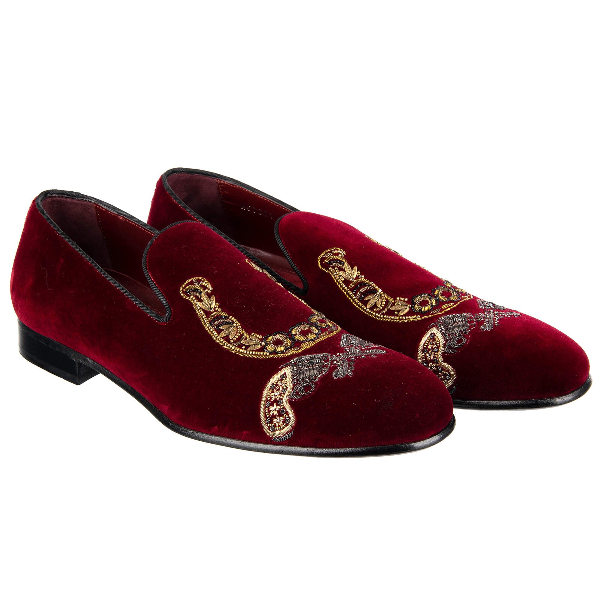 Dolce & Gabbana o1y0125 Velvet Embellished Loafers in Red Size US 6 / EU 39 - 2 Thumbnail