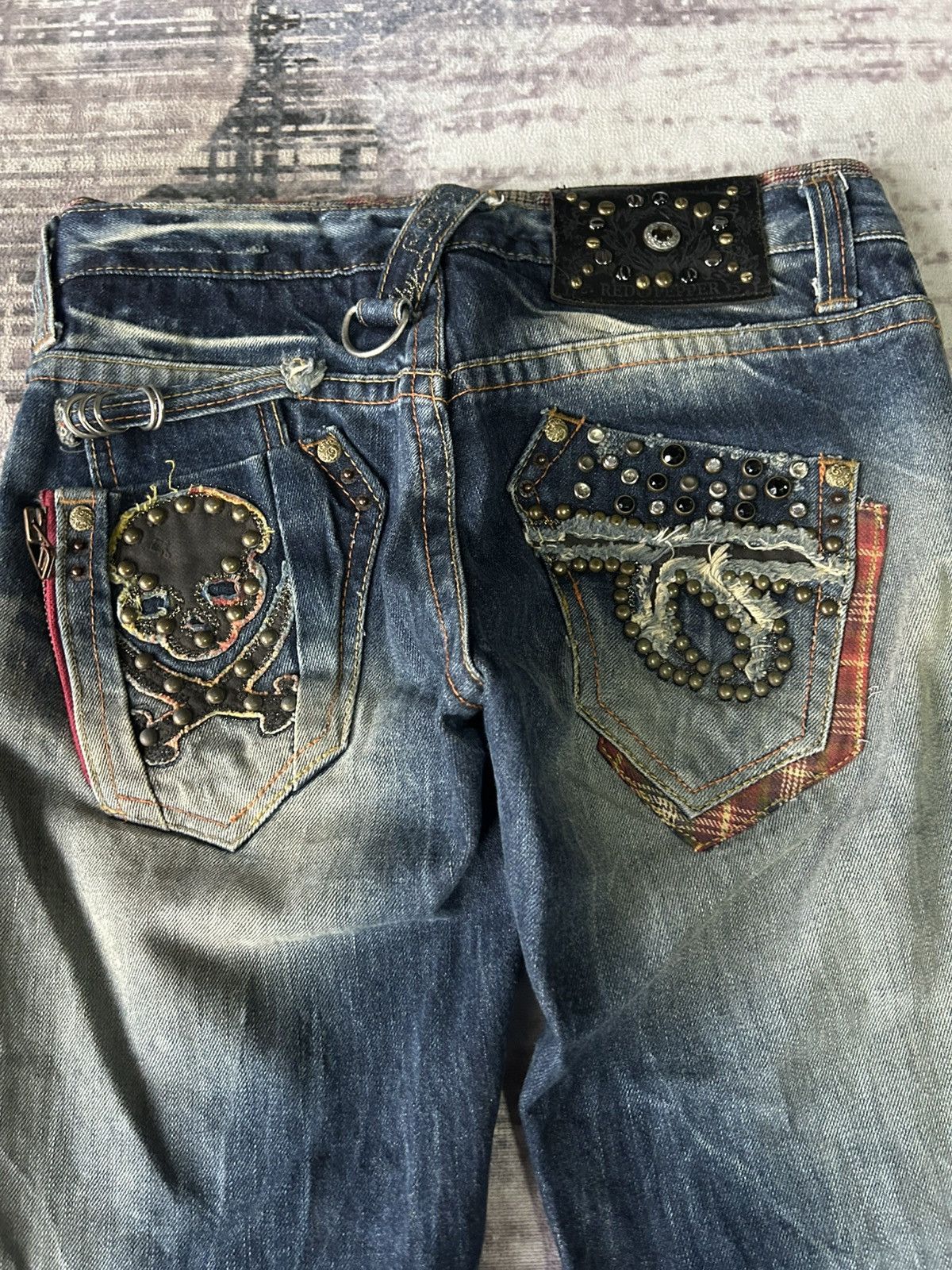Ed Hardy Red Pepper Flared Punk Skull Jeans Size 29" - 5 Thumbnail