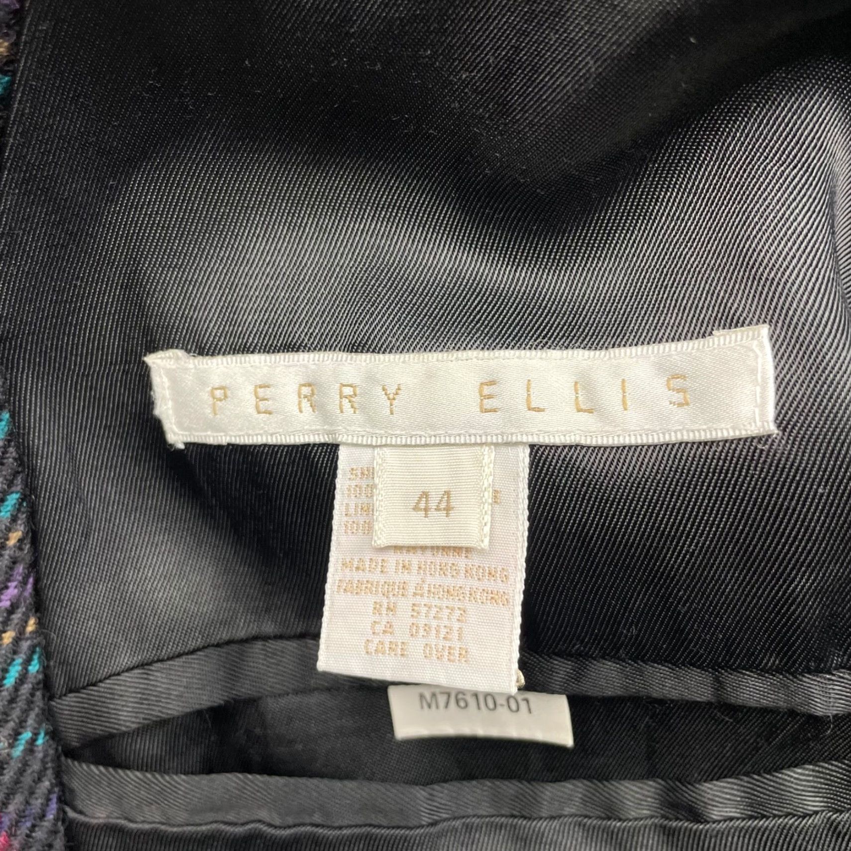 Perry Ellis VTG Perry Ellis Men's 100% Wool Knit Blazer Black Colorful Plaid 44R One-Button Notch Lapel Jacket/Coat Size 44R - 7 Thumbnail