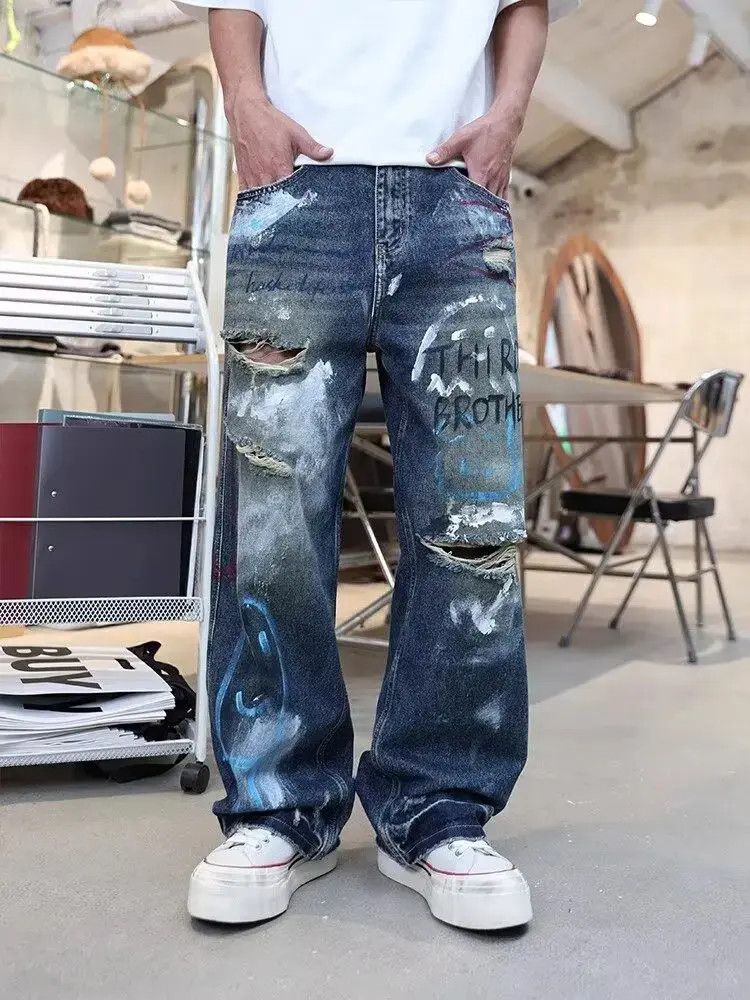 Japanese Brand Retro loose graffiti painted ripped jeans Size US 32 / EU 48 - 1 Thumbnail
