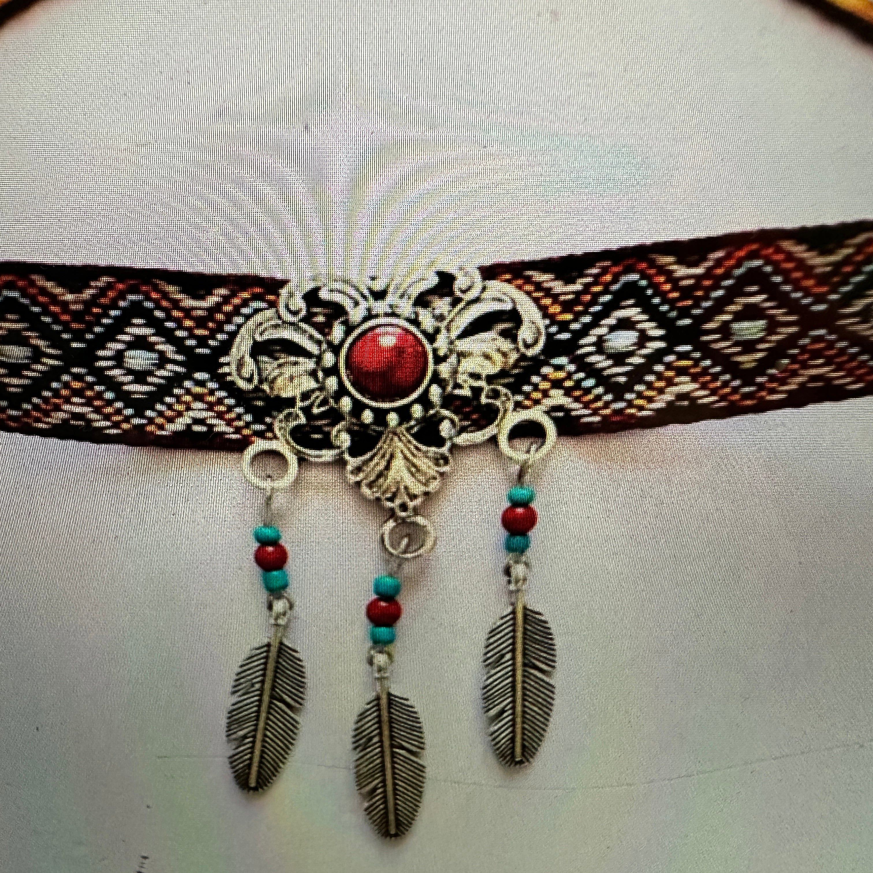 Other Handcrafted Bohemian Coral & Feather Choker Necklace with Gi Size ONE SIZE - 6 Thumbnail