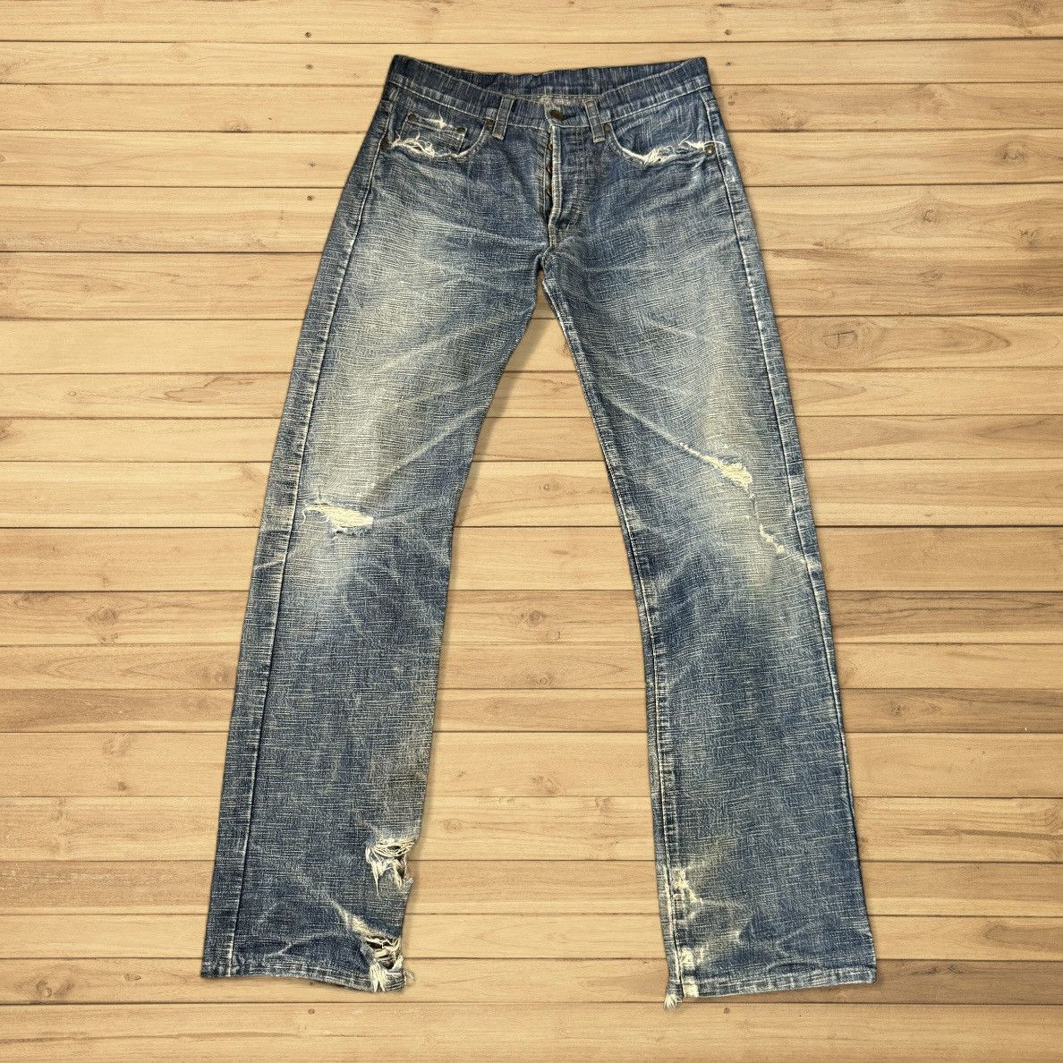 Indigo 🔥🇯🇵 Vintage 90s Crazy Distressed KU Handcraft Raw Denim Size US 31 - 2 Thumbnail