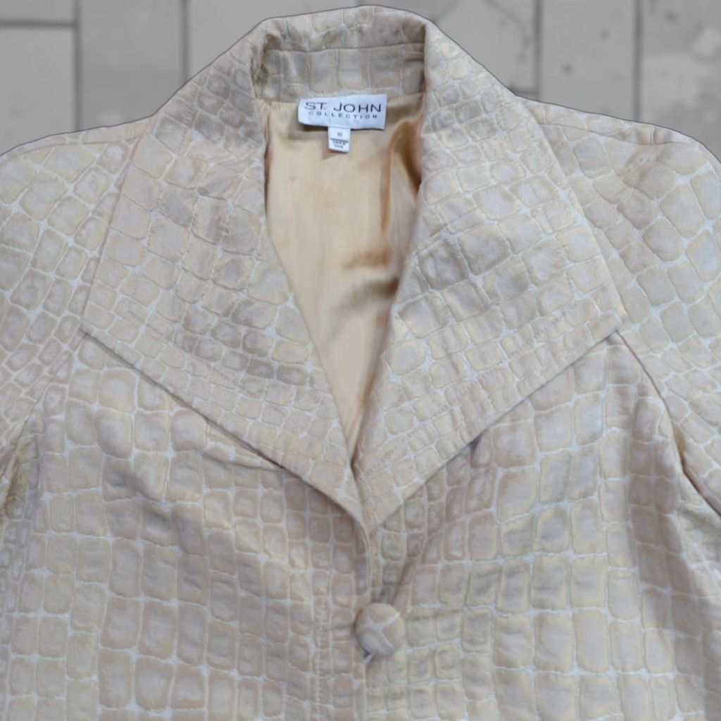 St. John St. John Blazer Shirt Womens Jacket 10 Beige Geometric Silk Lined Long Sleeve Knit N/A Size L / US 10 / IT 46 - 1 Thumbnail