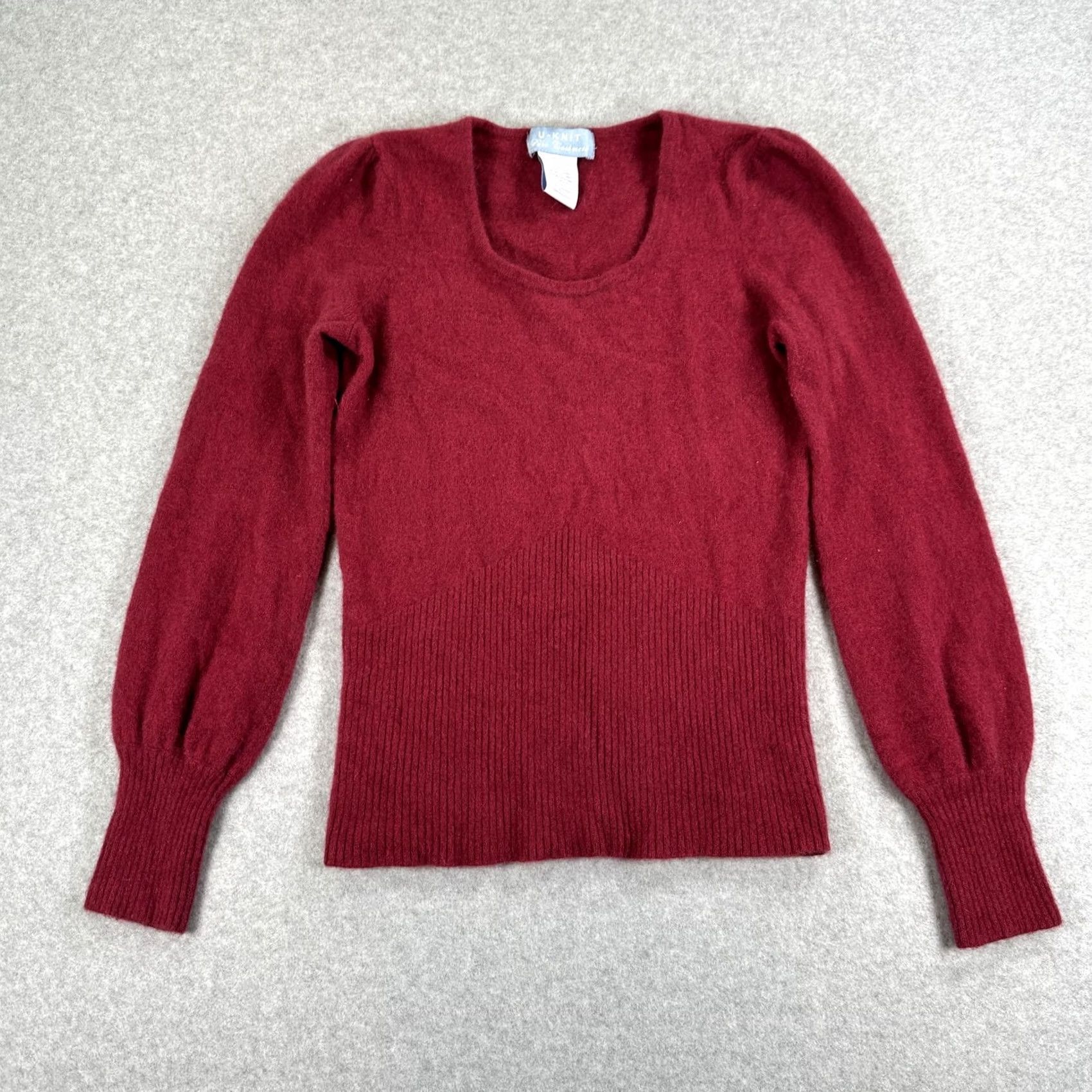Vintage U-KNIT Pure Cashmere Sweater Womens Medium Red Cabernet Scoop Neck Puff Sleeve pullover Casual Winter Knit Size M / US 6-8 / IT 42-44 - 2 Thumbnail