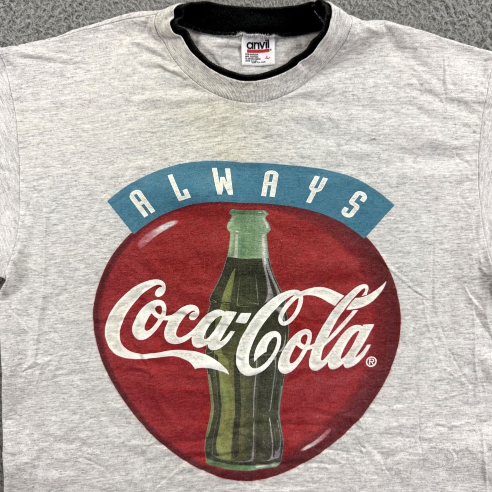 Anvil VINTAGE Coca Cola Shirt Mens Large Gray 1990s USA Anvil Knit Cotton Short Sleeve Crew Neck Logo Baseball Pop Adventure Time Mens Shirts Size US L / EU 52-54 / 3 - 3 Thumbnail