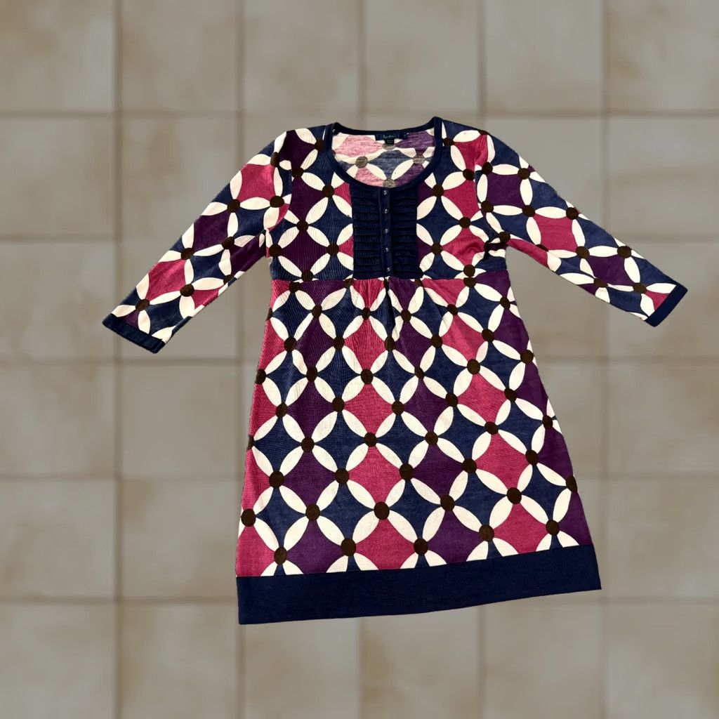 Boden Boden Womens Dress 14 Blue Navy Pink Geometric Long Sleeve Knit Casual Round Neck Pullover Knee Length Cotton Knit Sundress Womens Daywear Girls Mens Size XL / US 12-14 / IT 48-50 - 1 Thumbnail
