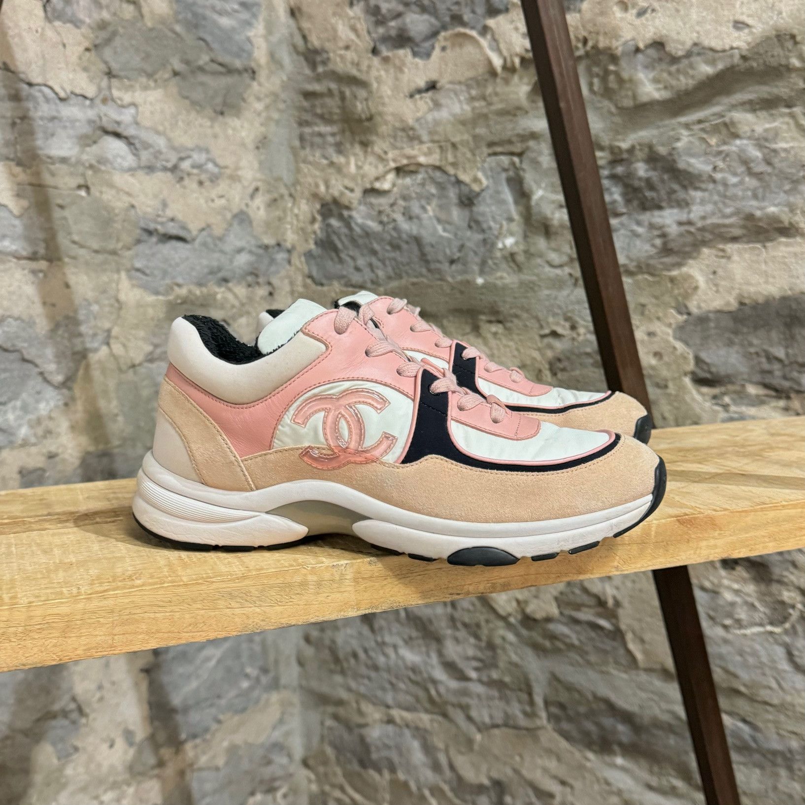 image of Chanel Interlocking Cc Pink Nylon Suede Chunky Sneakers, Women's (Size 9)