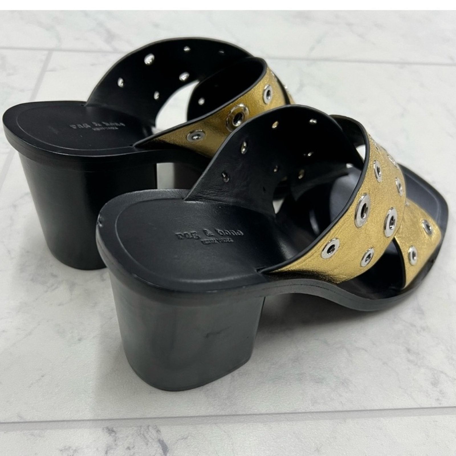 Rag & Bone NEW! Rag & Bone 7 Paige Grommet Gold Black Slide Sandal Heel Size US 7 / IT 37 - 11 Thumbnail
