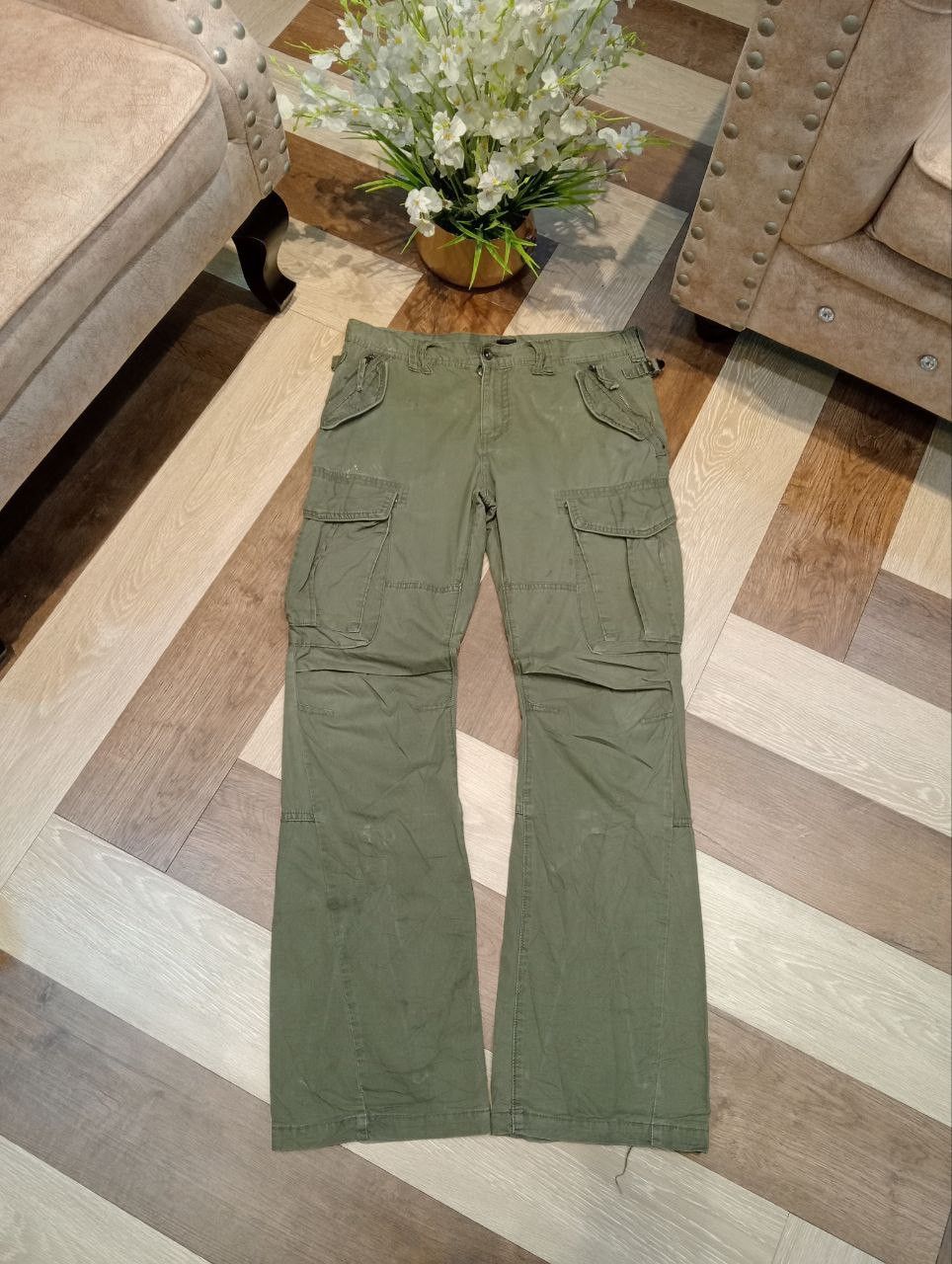 JACKROSE JAPAN FLARED CARGO PANTS SIZE 33 GREEN ARMY