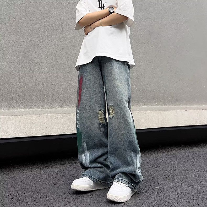Japanese Brand Men's loose wide-leg straight American washed ripped jeans Size US 32 / EU 48 - 2 Thumbnail