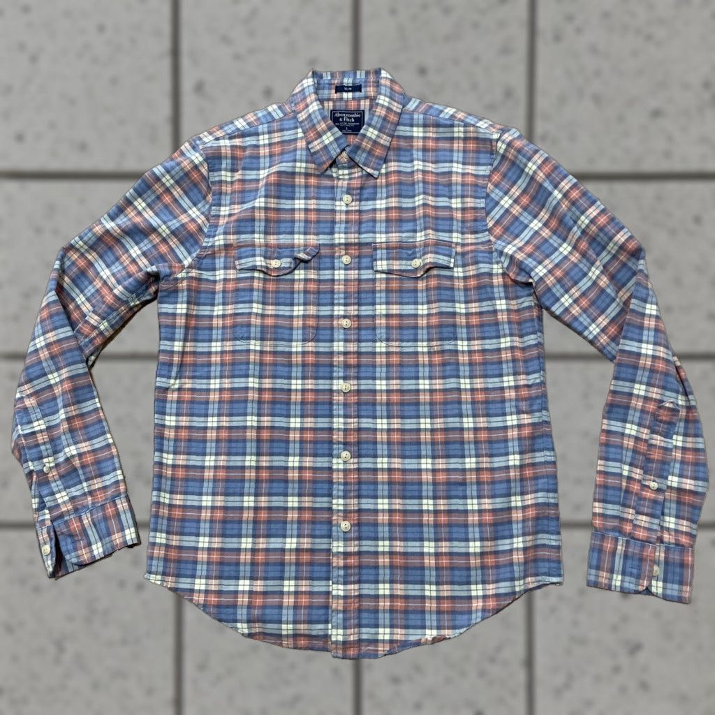 Abercrombie & Fitch VTG Abercrombie & Fitch Shirt Men L Slim Orange Blue Plaid Flannel Grunge Y2k 00s US Vintage Grunge Casual Button-Up Shirt Size US L / EU 52-54 / 3 - 1 Thumbnail