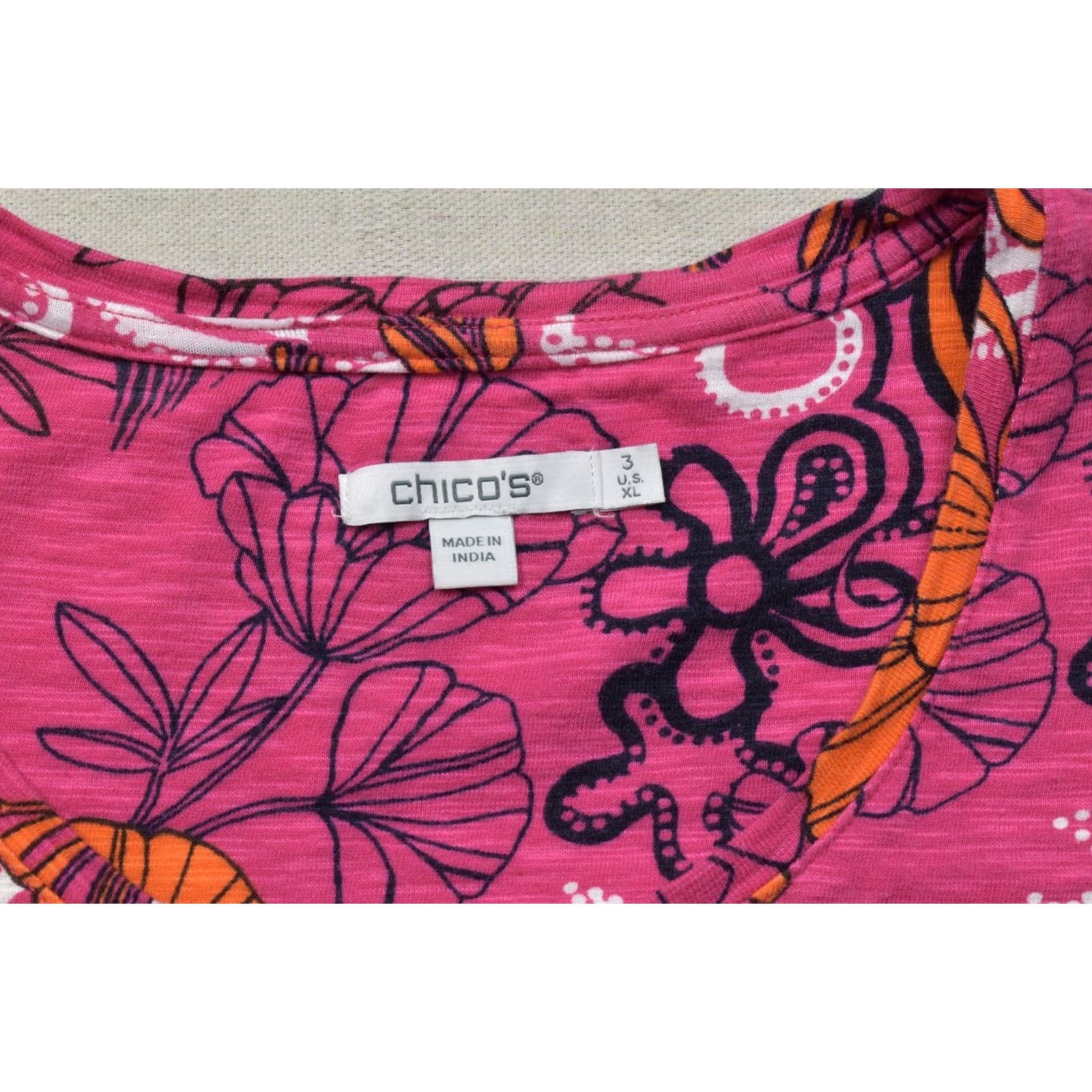 Vintage Chico's Women's Pink Floral Puff Sleeve Top XL Knit Blouse Crew Neck 3/4 Sleeve Cotton Modal Casual Summer Spring Size XL / US 12-14 / IT 48-50 - 3 Thumbnail