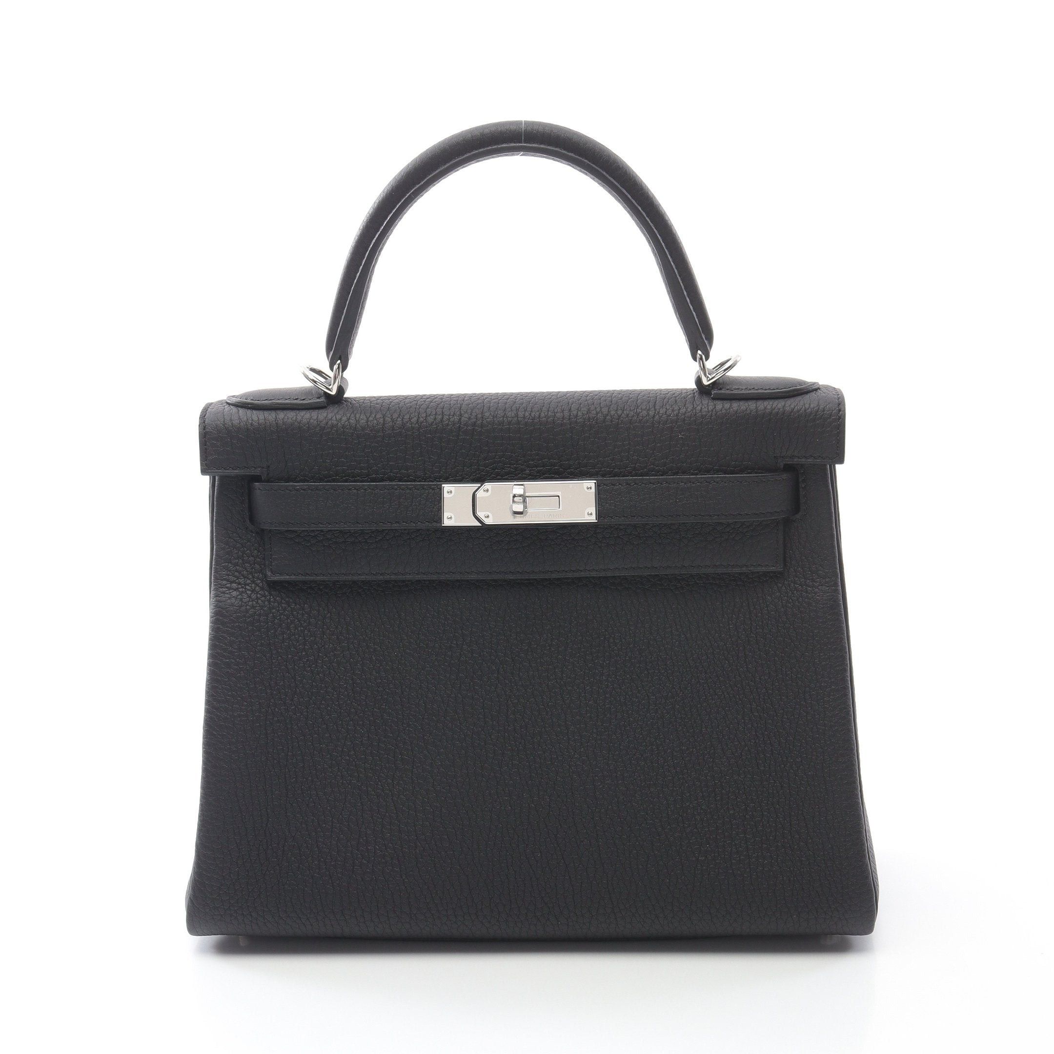 Hermes Kelly28 Handbag Togo Black Silver Hardware Double Engraved