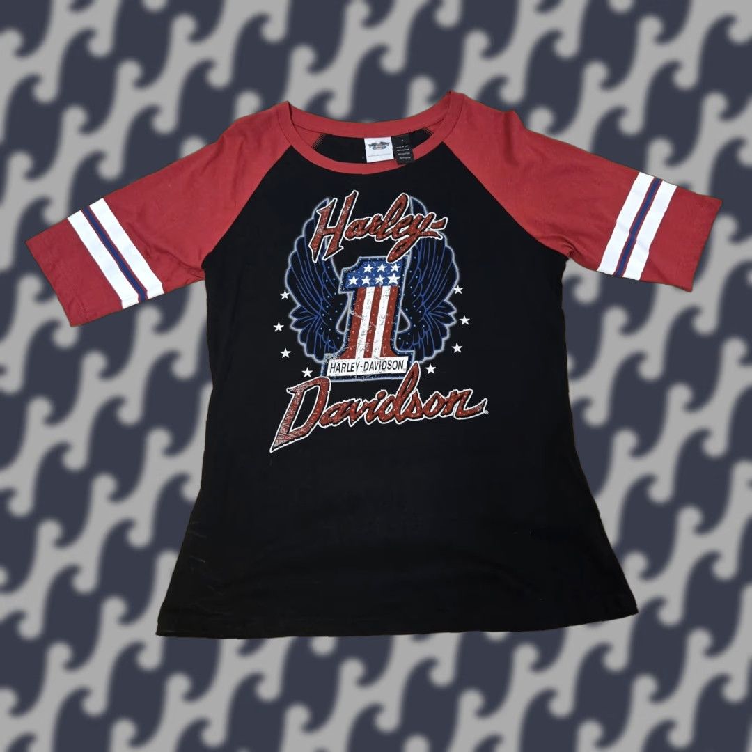 Harley Davidson VINTAGE Harley-Davidson Shirt Womens Large Black Red Patriotic Wing Graphic Made USA Motorcycle Size L / US 10 / IT 46 - 1 Thumbnail