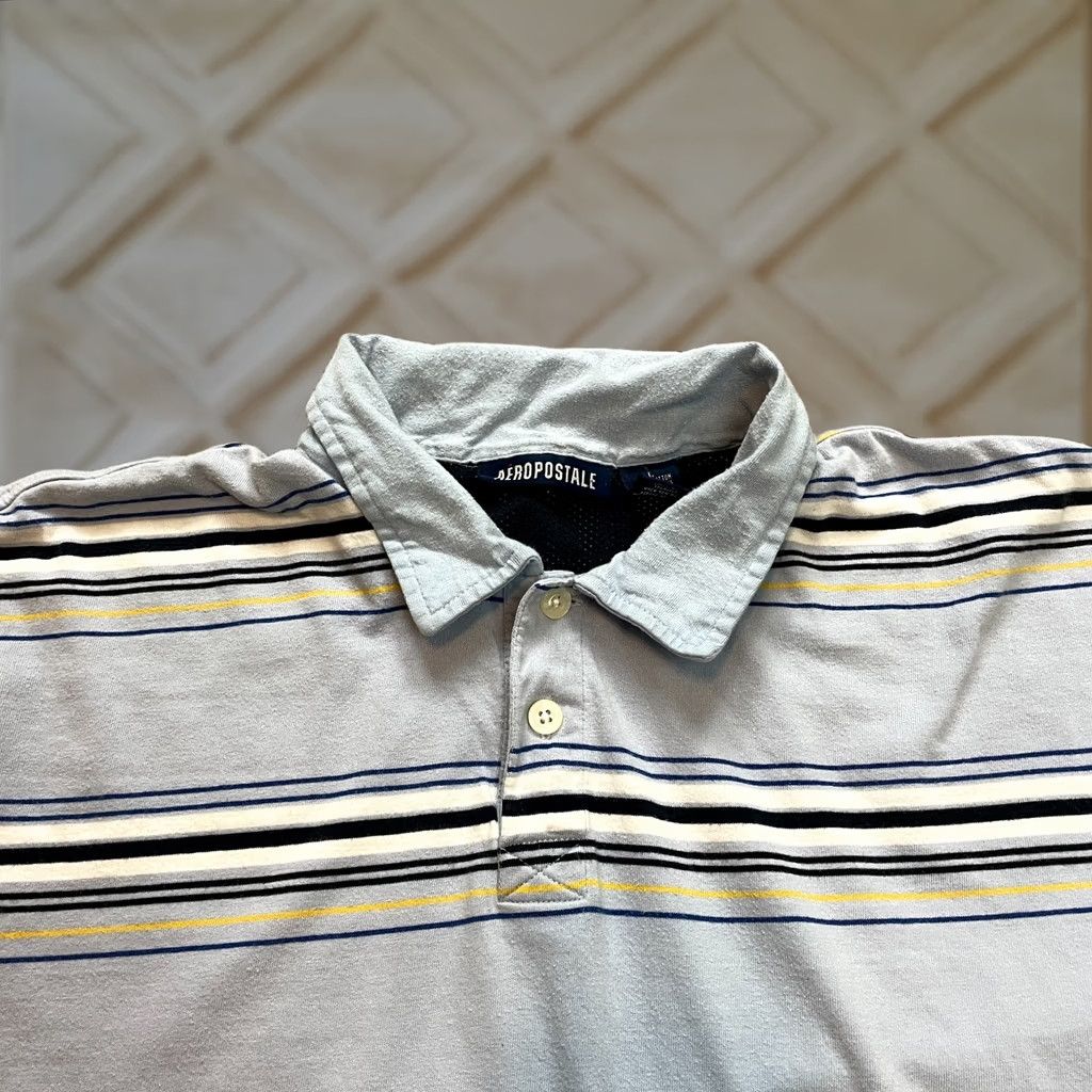 Vintage Aéropostale Polo Shirt Mens Large Light Blue Striped Golf Preppy Cotton Shirt Short Sleeve Polo/Navy Blue Mens Regular Fit Size US L / EU 52-54 / 3 - 1 Thumbnail