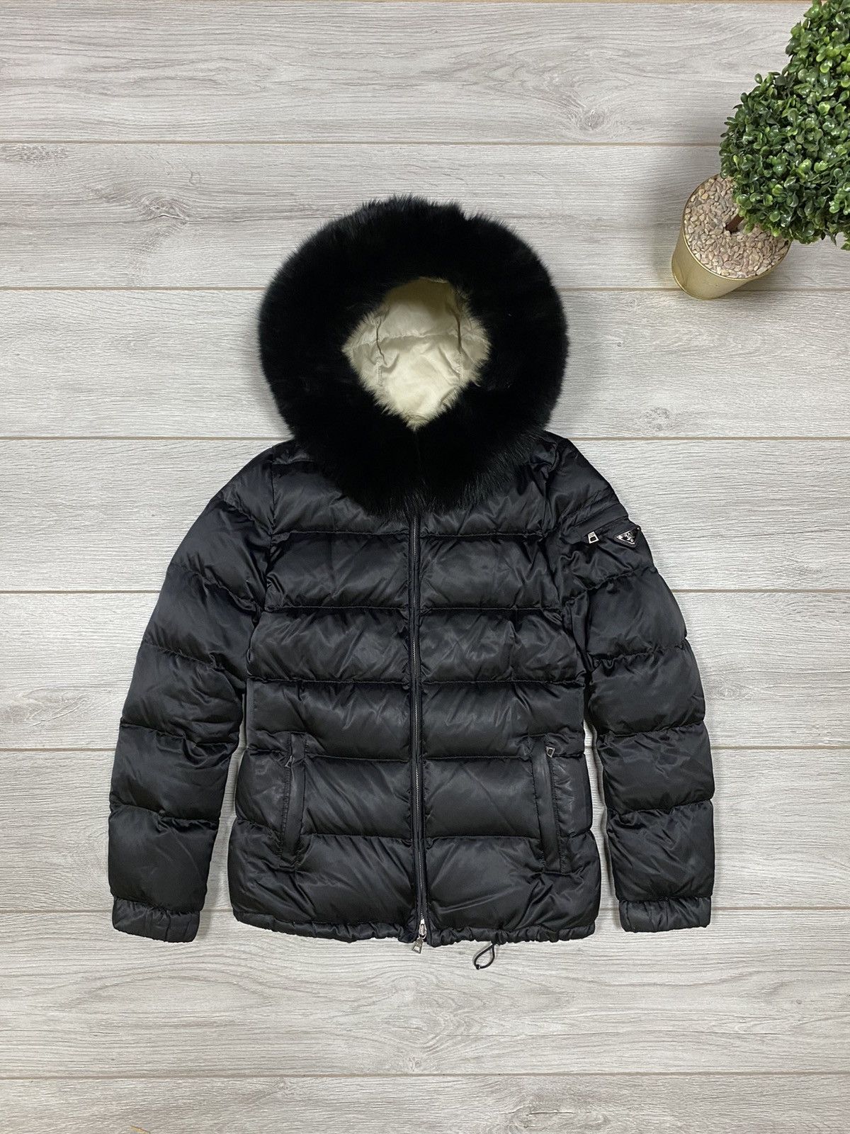 image of Prada Puffer Down Jacket Fox Fur in Black, Women's (Size Small)