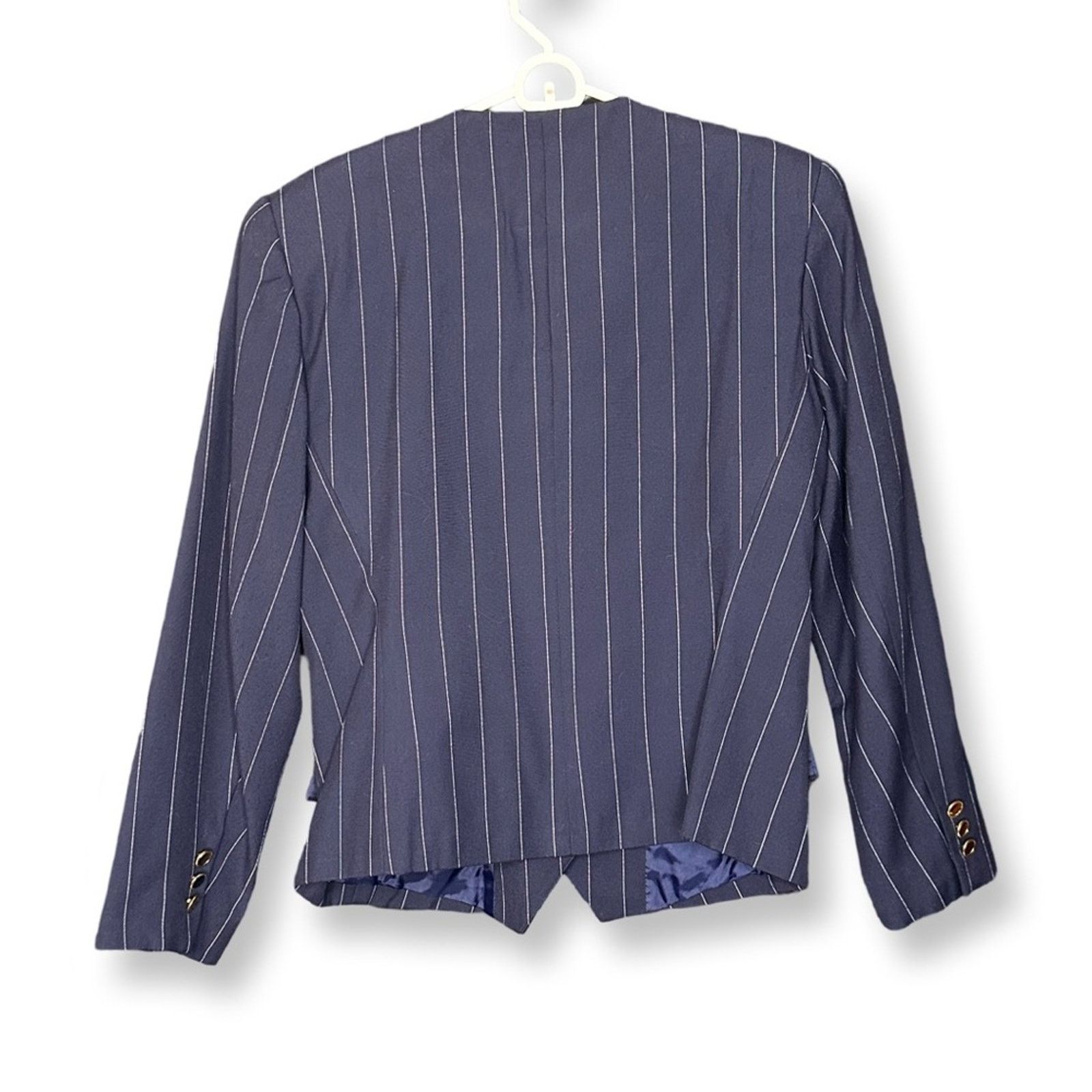 Evan Picone Navy Pinstripe Double-Breasted Blazer Suit Set Size L / US 10 / IT 46 - 4 Thumbnail