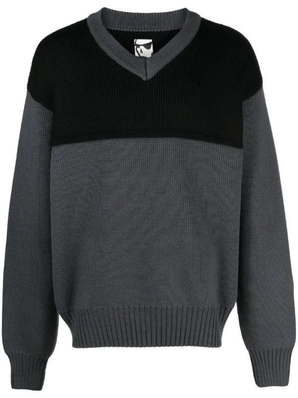GR10K two-tone design V-neck jumper Wool Medium Black Grey