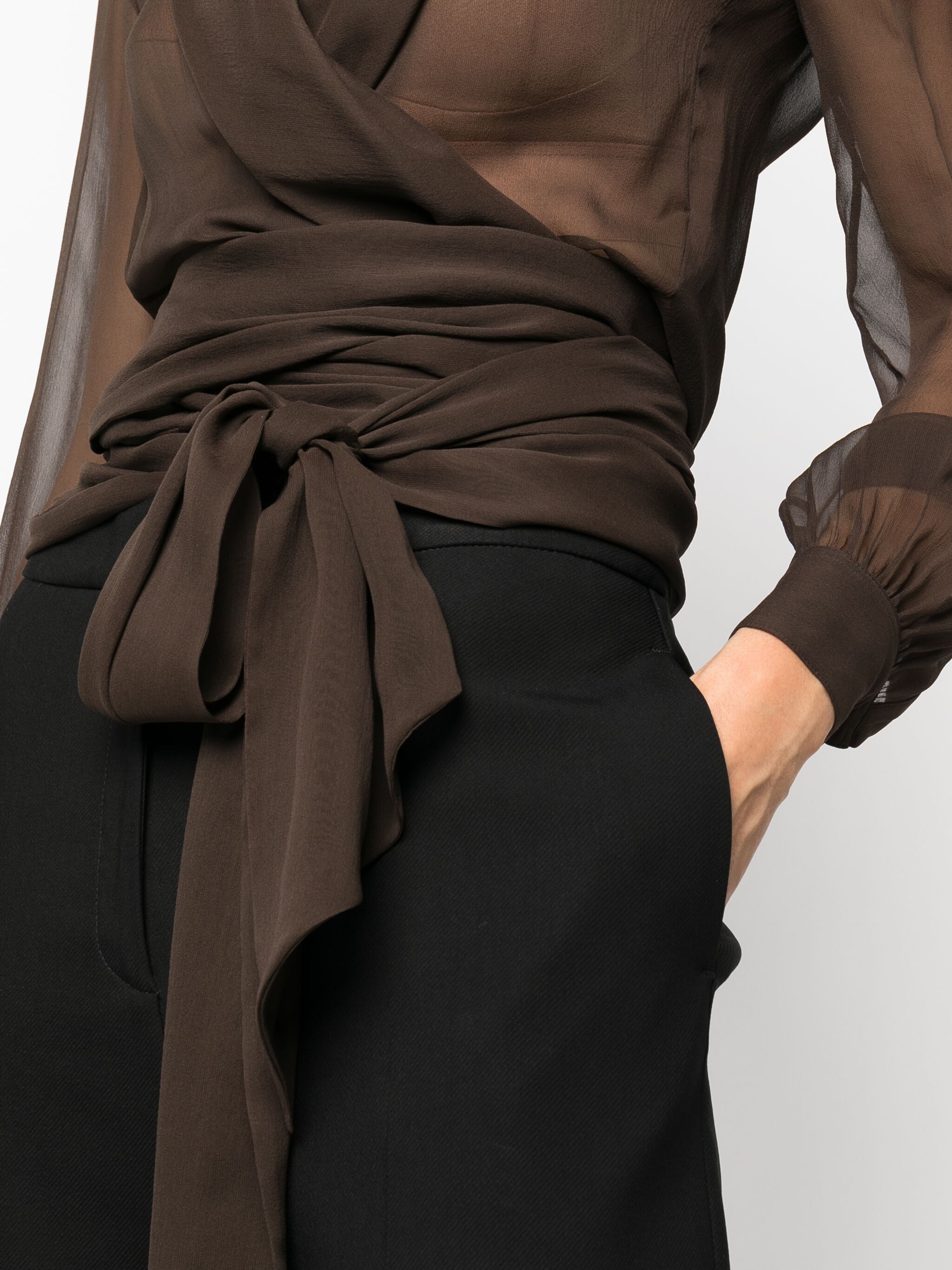 Saint Laurent Paris o1s1wg111124 Hooded Wrap Blouse Silk Muslin Crepe in Brown Size XS / US 0-2 / IT 36-38 - 4 Thumbnail