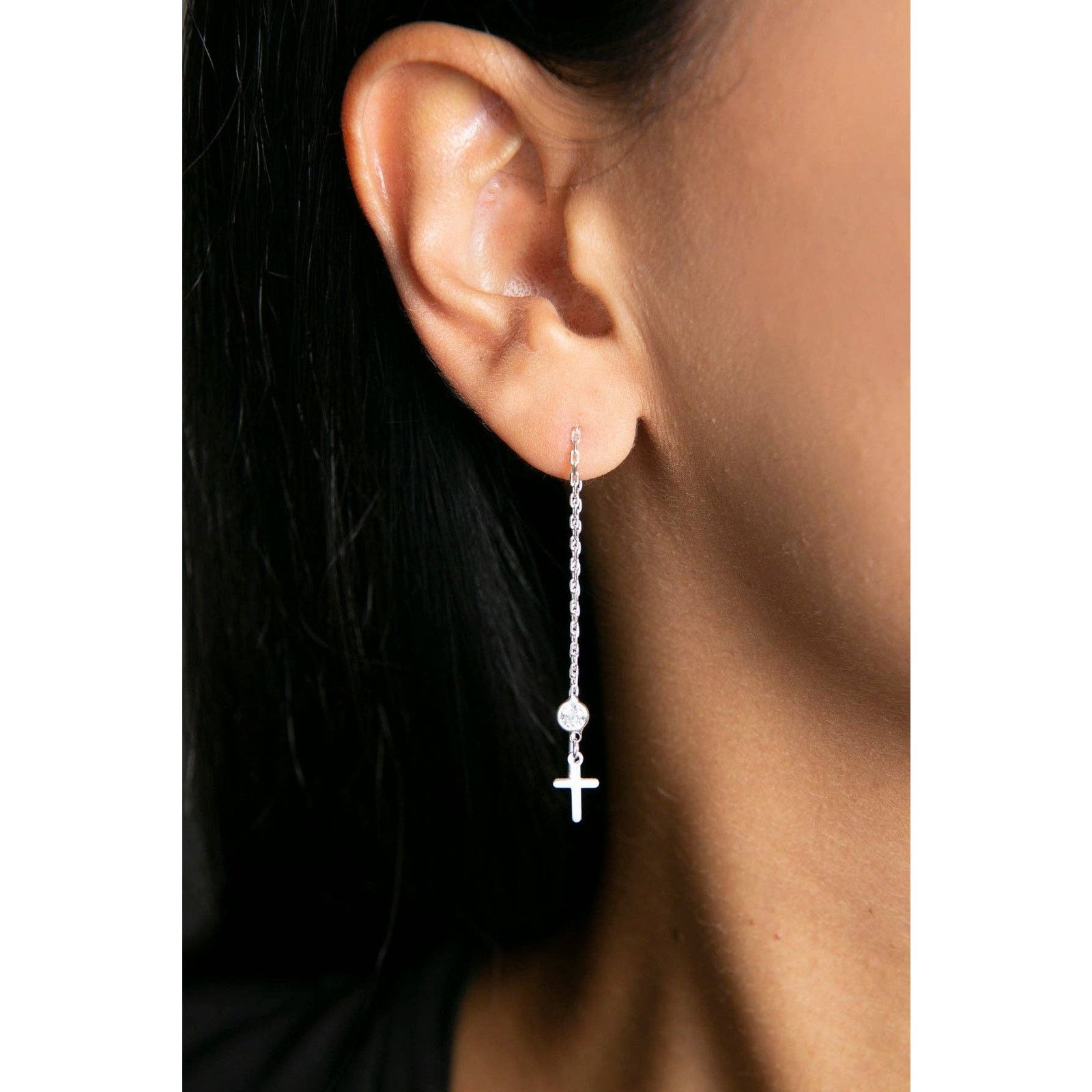 Other 925 Sterling Silver Cross Threader Earrings with Stones Size ONE SIZE - 7 Thumbnail