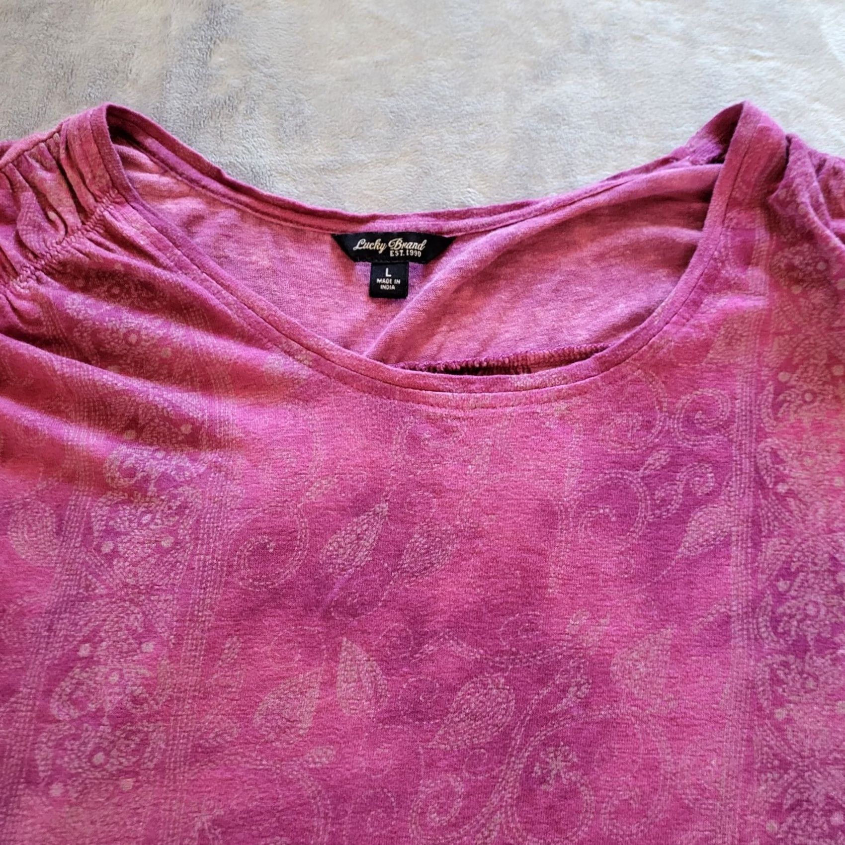 Lucky Brand Lucky Brand Top Shirt Women Large Pink Linen Short Sleeve Floral Round Neck Boho Size L / US 10 / IT 46 - 2 Thumbnail
