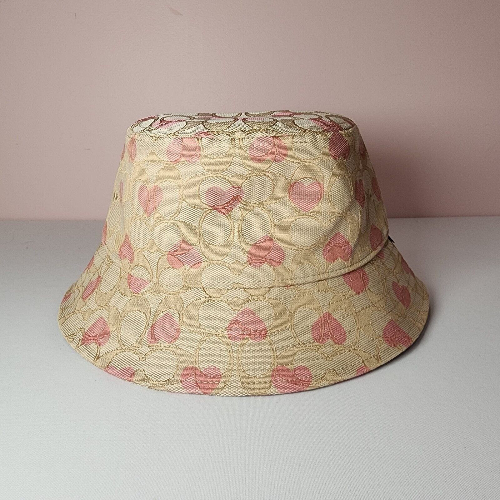 image of NWT Coach Cp354 Women's Signature Heart Print Bucket Hat M/l in Pink