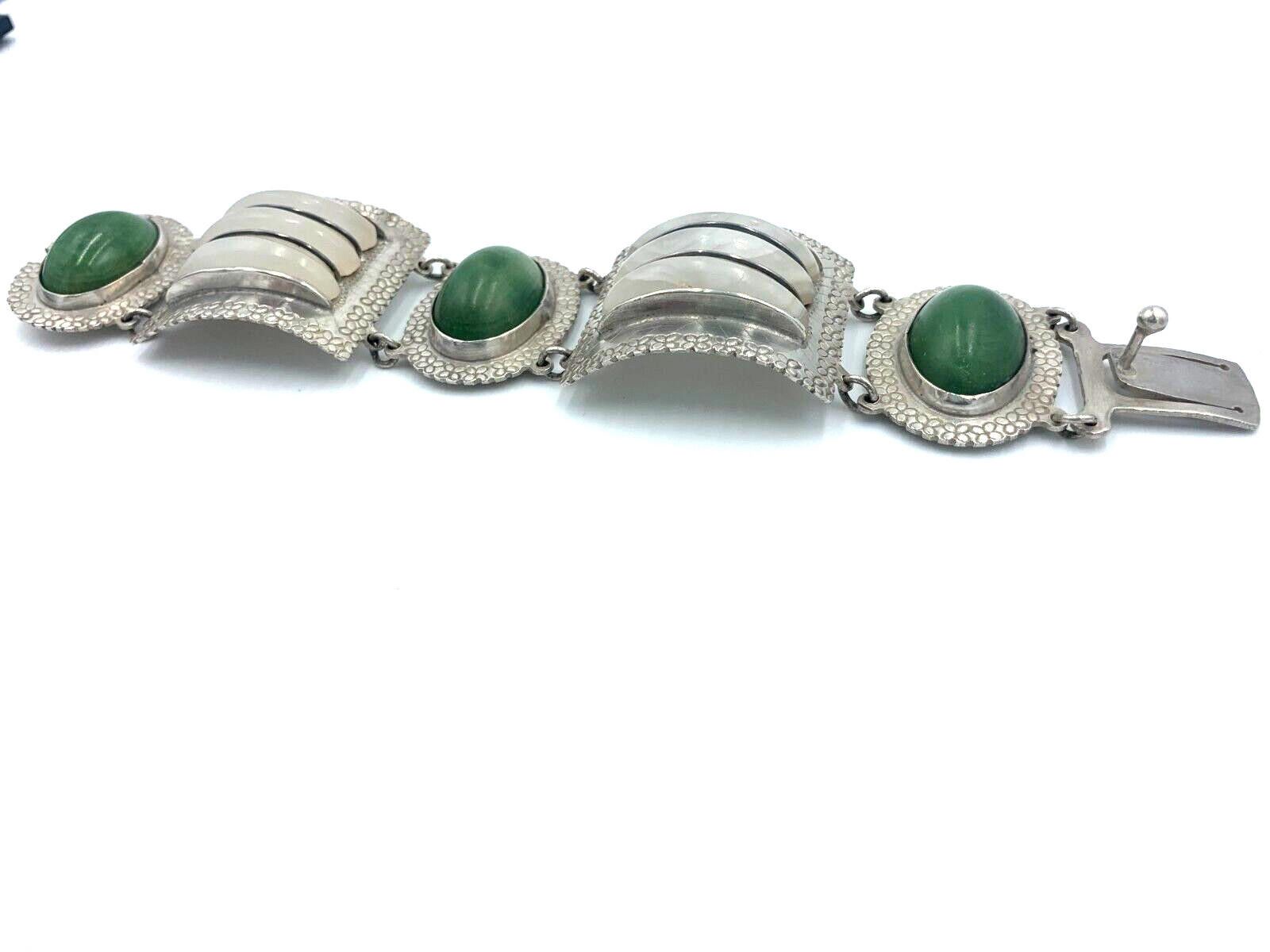The Unbranded Brand Vintage Sterling Silver Quartz Nephrite Wide Bracelet Mexico Size ONE SIZE - 4 Thumbnail