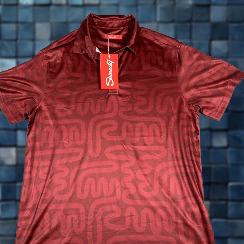 Vintage Shinesty Polo Shirt Mens Large Red Burgundy Maze Print Stretch Golf Performance Shirt Size US L / EU 52-54 / 3 - 1 Thumbnail
