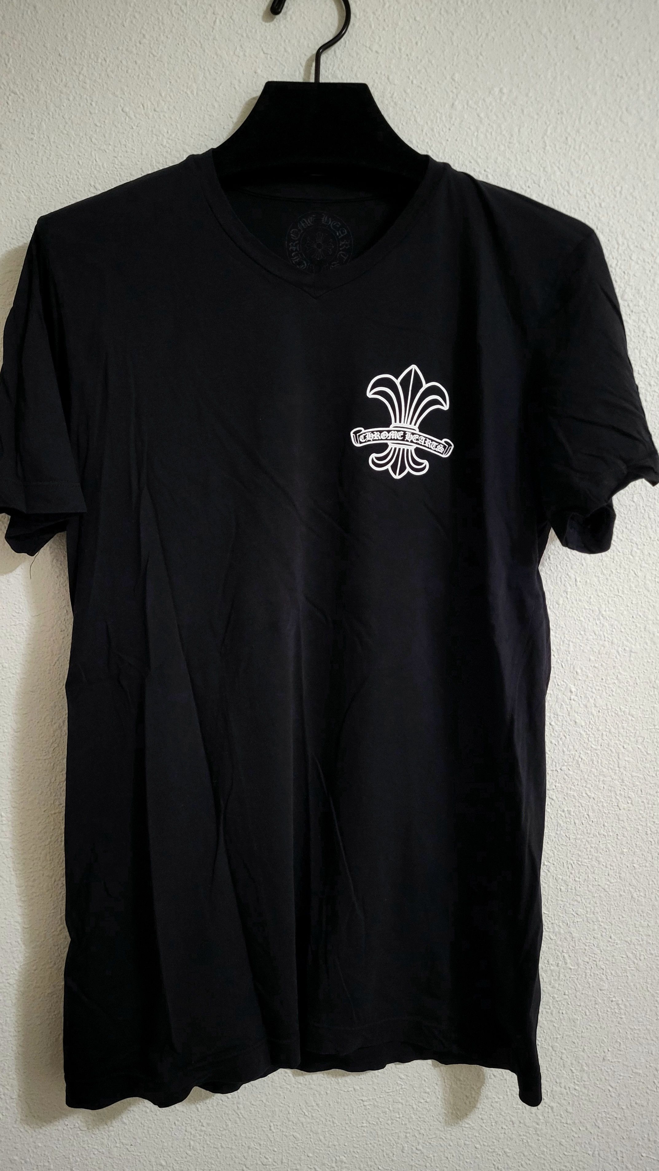 image of Chrome Hearts Fleur De Lis Graphic Print Logo V Neck Tee Shirt in Black, Men's (Size Small)