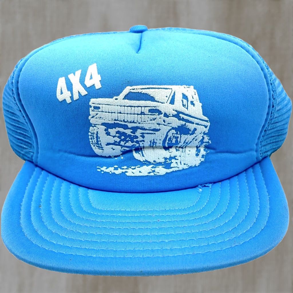 Vintage Vintage Trucker Hat Cap SnapBack Puffy Print 4x4 Truck Off Road 90s High Dome Cap Blue San Sun Mens One Size Adjustable Mesh Back Twill Polyester Hat Size ONE SIZE - 1 Thumbnail