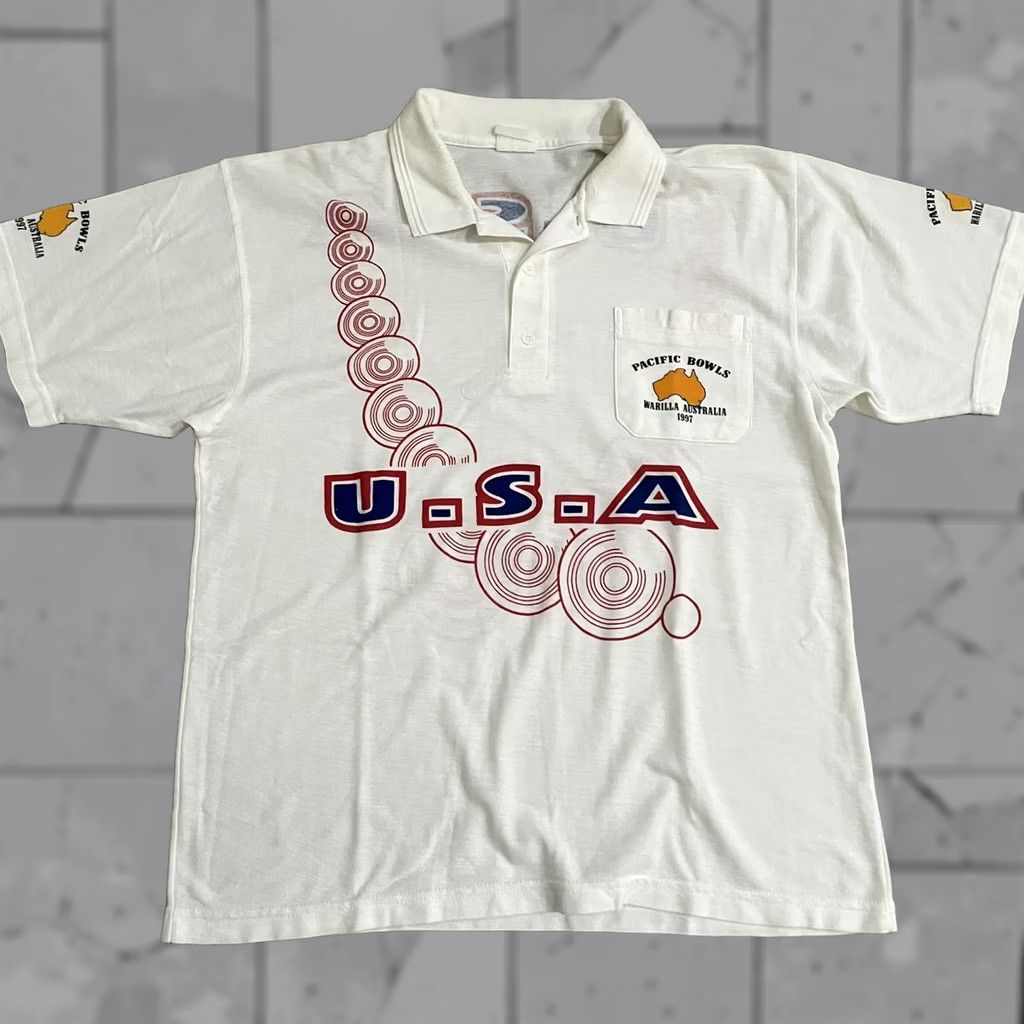 Vintage VINTAGE Pacific Bowls USA Graphic Polo Shirt Mens Size L White 1990s Polo Shirt Mens L USA Graphic Bowls Pacific VTG USA Size US L / EU 52-54 / 3 - 1 Thumbnail