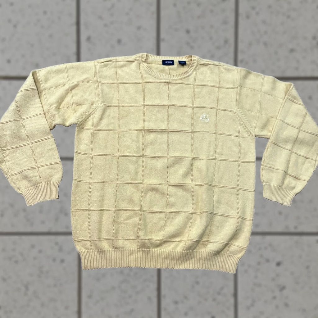 Izod VINTAGE IZOD Preppy Yellow Sweater Men L Boxy Golf Pullover Check Crest 100% Cotton Crew Mens Size US L / EU 52-54 / 3 - 1 Thumbnail