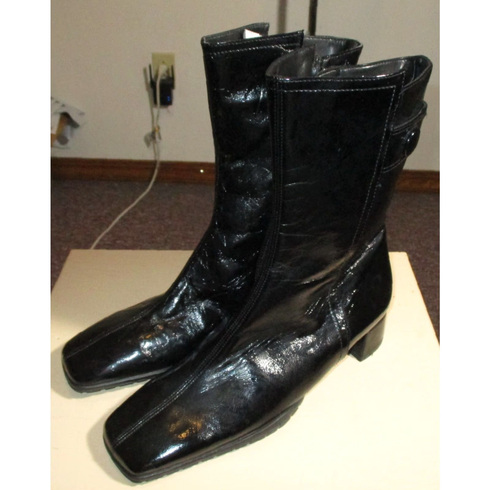 Vintage THERESIA M. Boots Shoes Black Faux Leather NWOT Size 4.5 Women Mid-Calf Zip Boot Heel 1.5" Square Toe Vintage No Size US 5 / IT 35 - 4 Thumbnail
